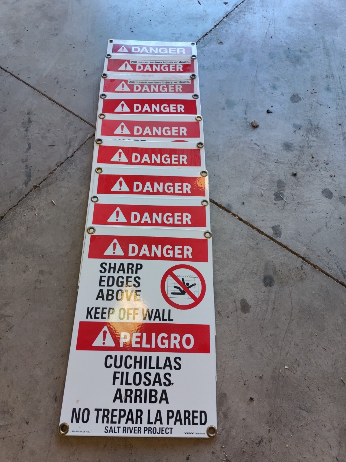 Danger/Peligro Keep Out. Sharp Edges Above. Porcelain 2 Sides. Very Nice 20x14