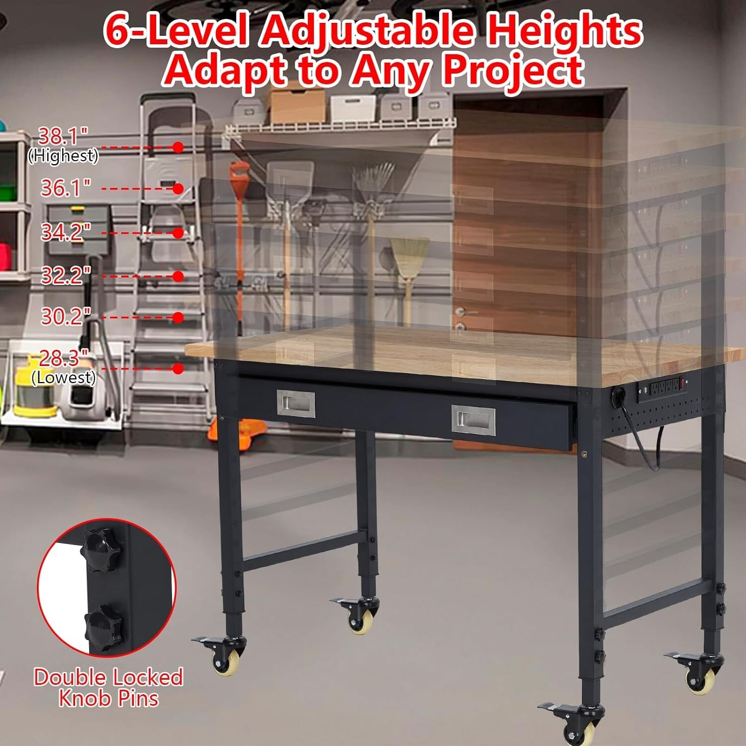 48" Adjustable Height Workbench 2000 LBS Workstation With 9.8FT Cable & Drawer