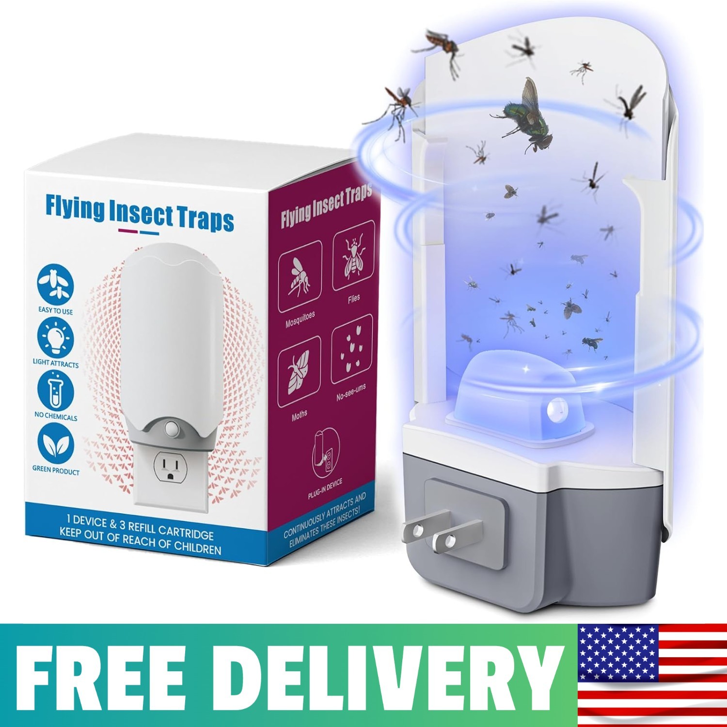 Fly Trap Indoor, 1 Plug-In Fly Catchers With 3 Glue Card Refills, Fruit Fly &
