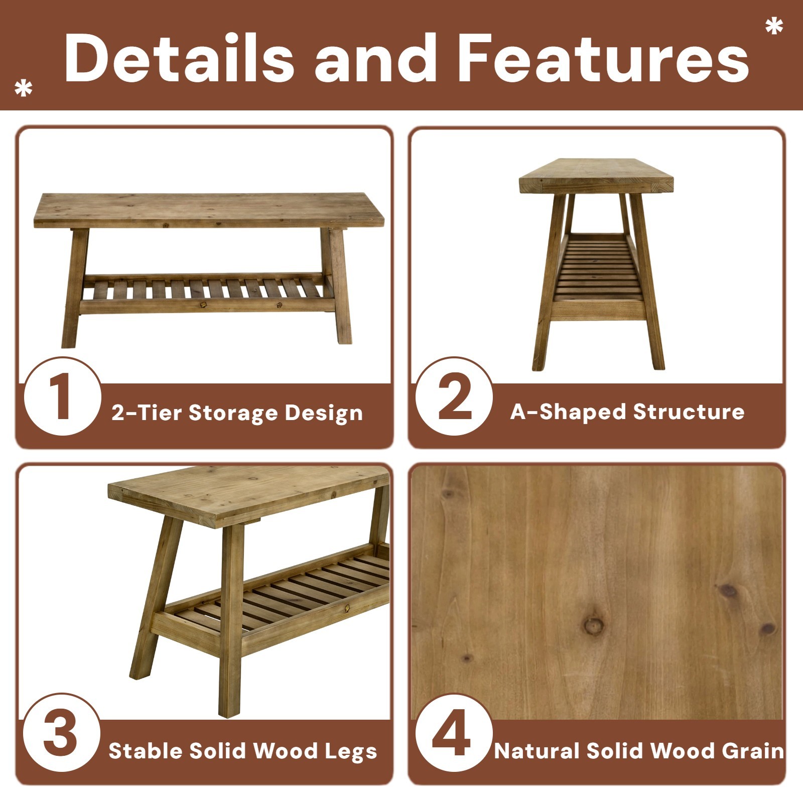 43" Rustic Farmhouse Bench with 2-Tier Open Storage Shelf
