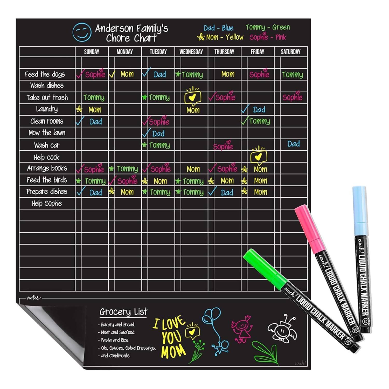 Cinch Magnetic Dry Erase Chores Chart for Kids (17x20 inches, 17x20, Black