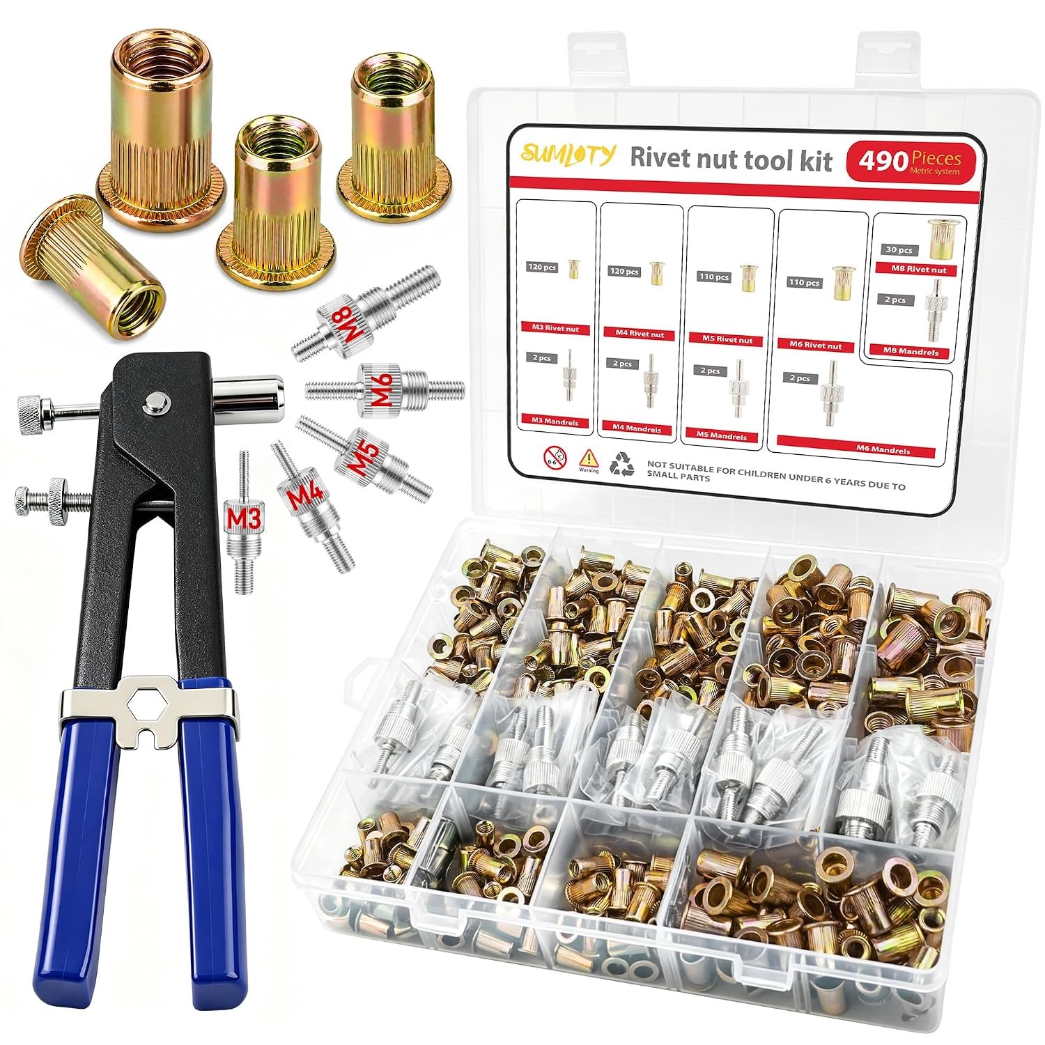 490Pcs Metric Rivet Nut Tool Kit M3-M8 for Auto Furniture DIY
