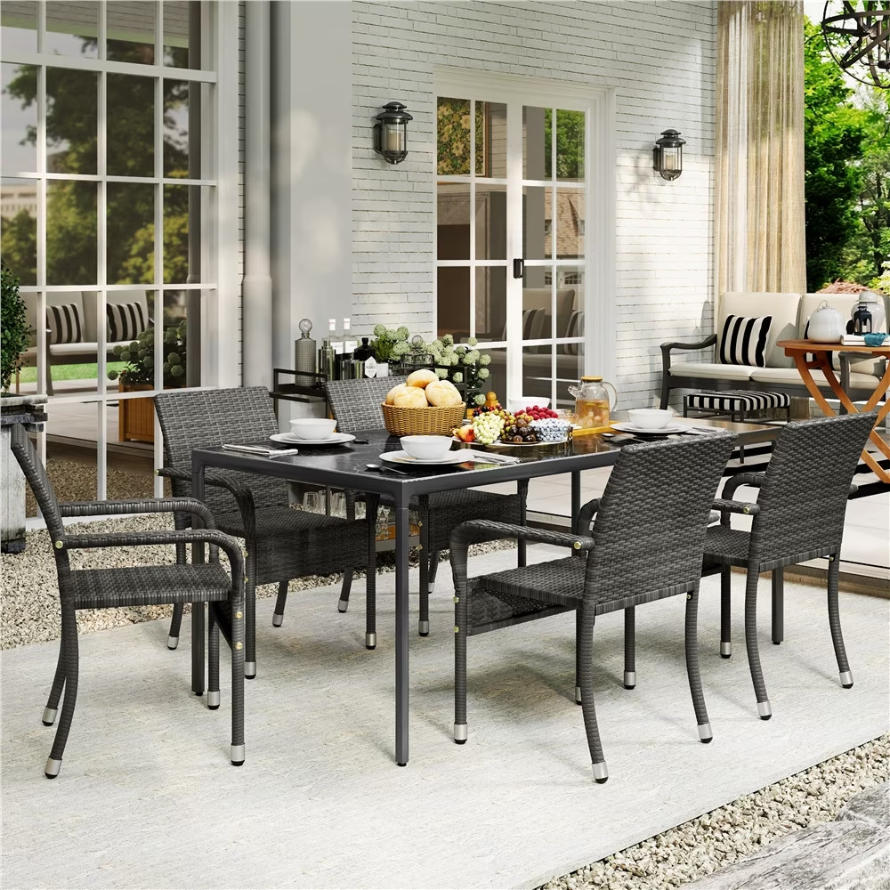 Outdoor PE Rattan Chair with Armrests and Adjustable Footpads, Set of 2, Gray