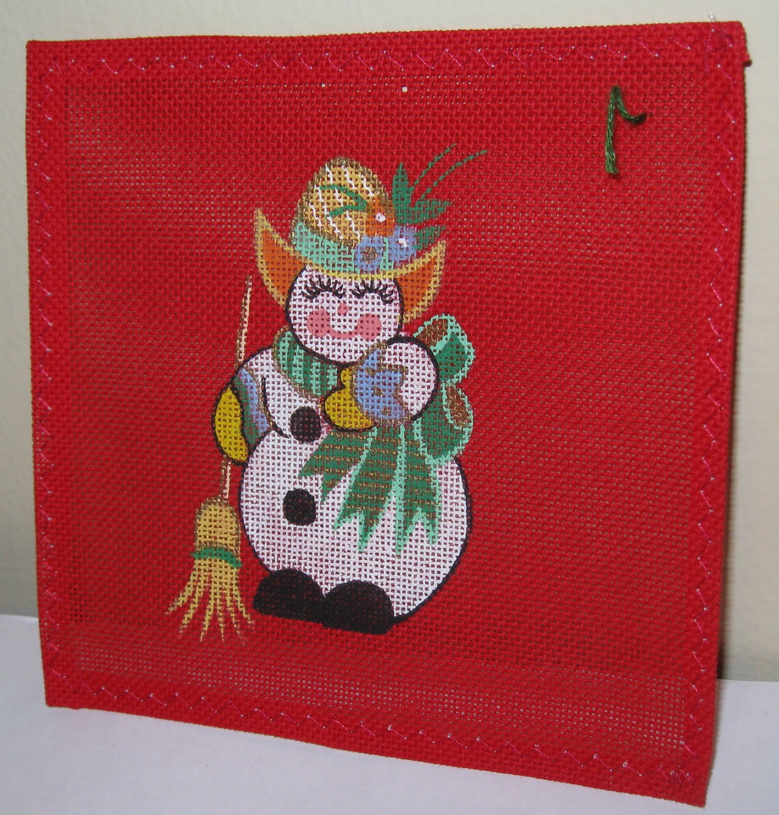 NEW PETIT POINT NEEDLEPOINT HAND PAINTED CHRISTMAS ORNAMENT RED SNOWMAN WOMAN