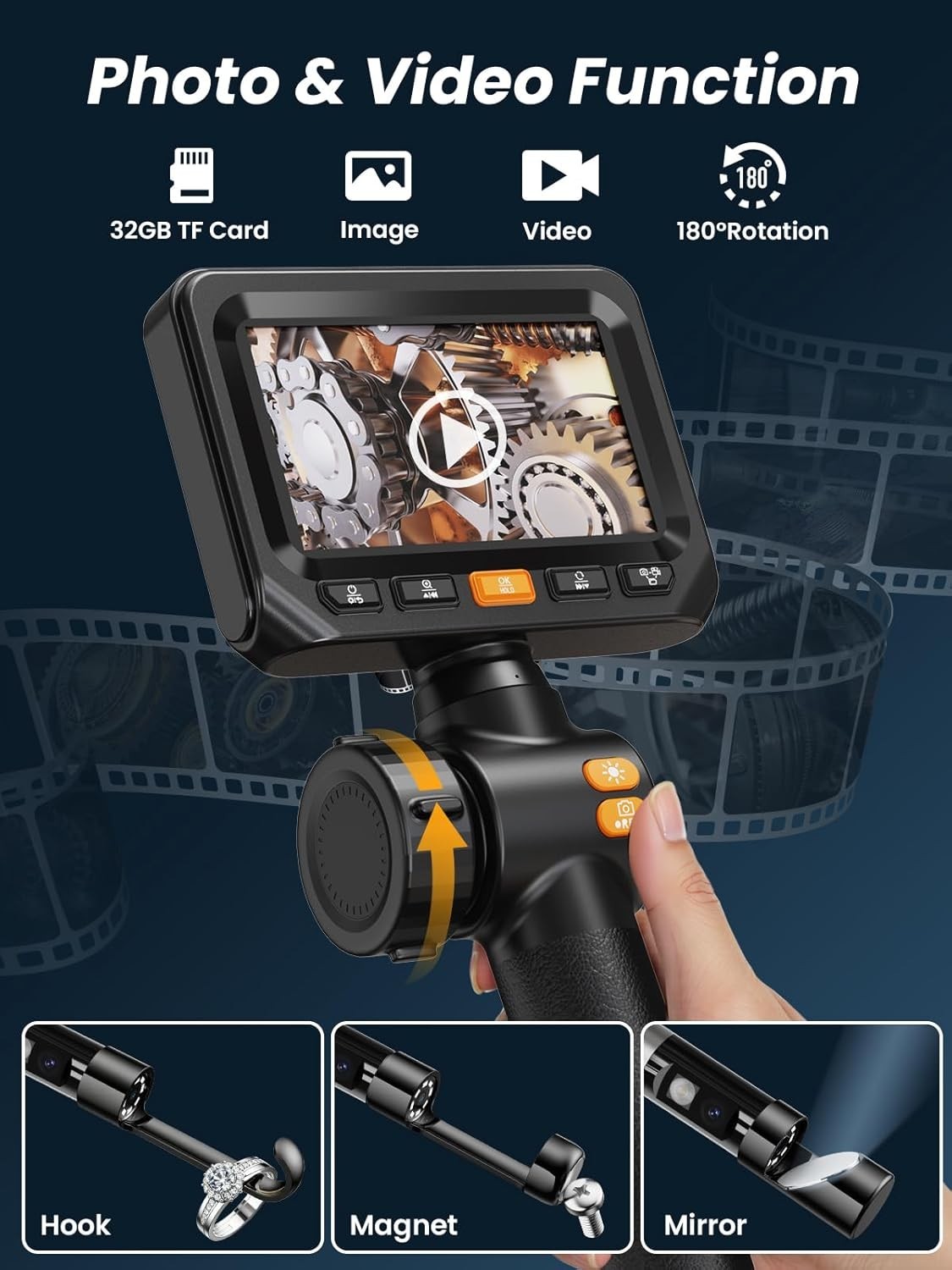 Dual-Lens 1080P Endoscope Camera with 4.3" IPS Screen & 5FT Waterproof Cable