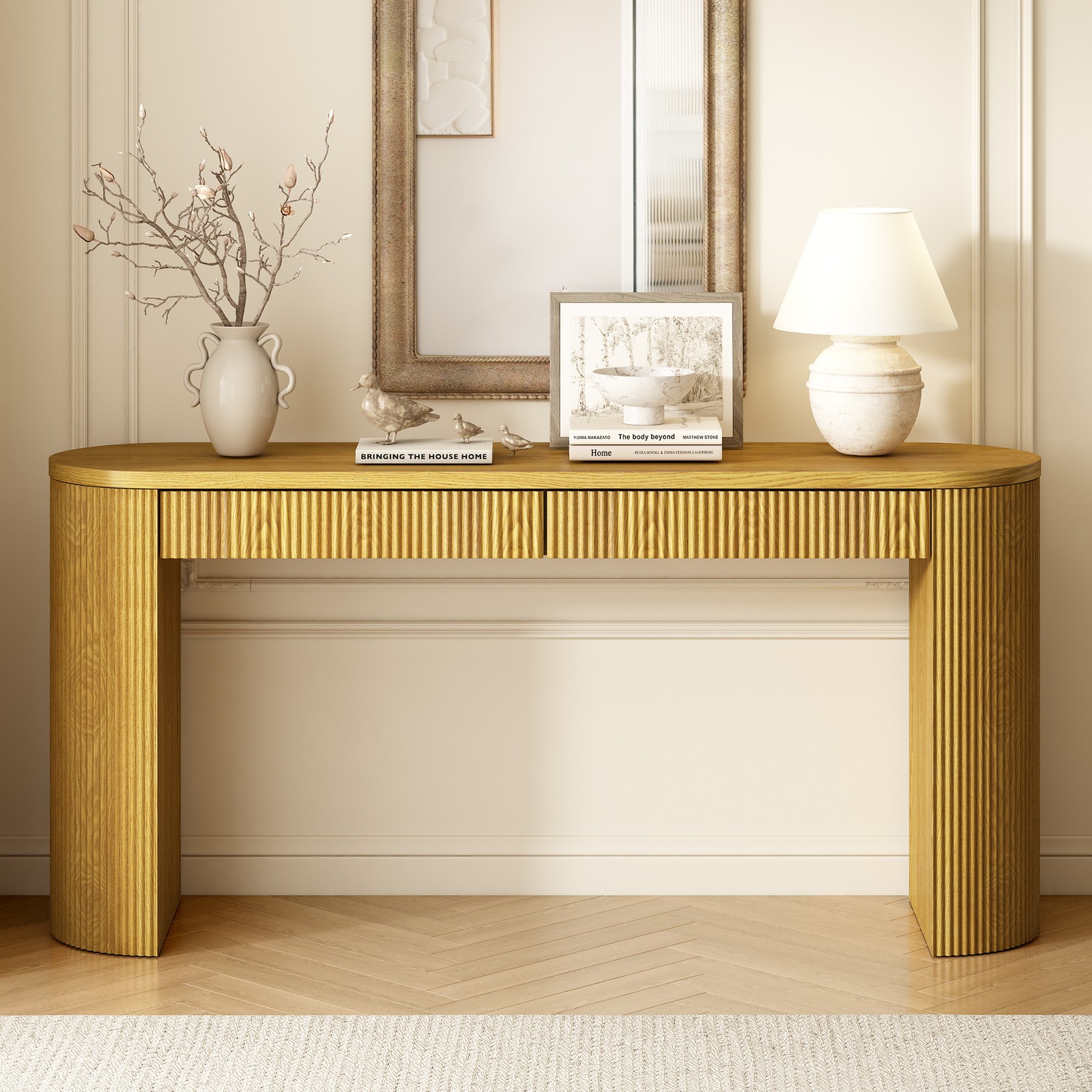 U_STYLE 58.2" Entryway Table with Large Top and Dual Drawers,Console Table wit