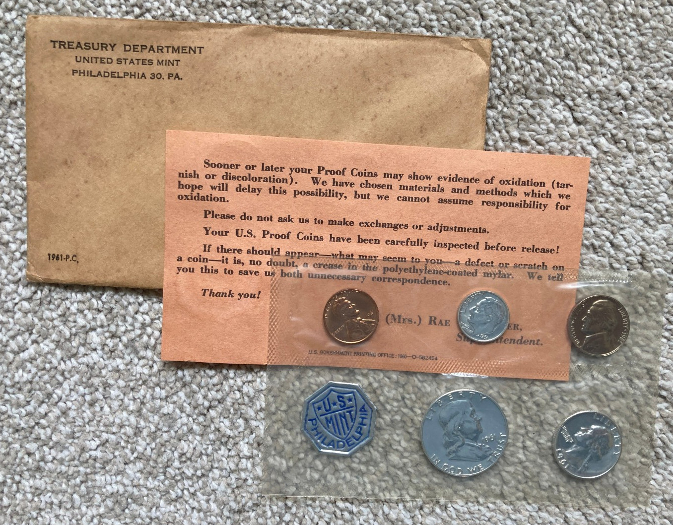 1961 US Mint Proof Set 5 Coins 90% Silver Original Envelope & Cello Flat Pack