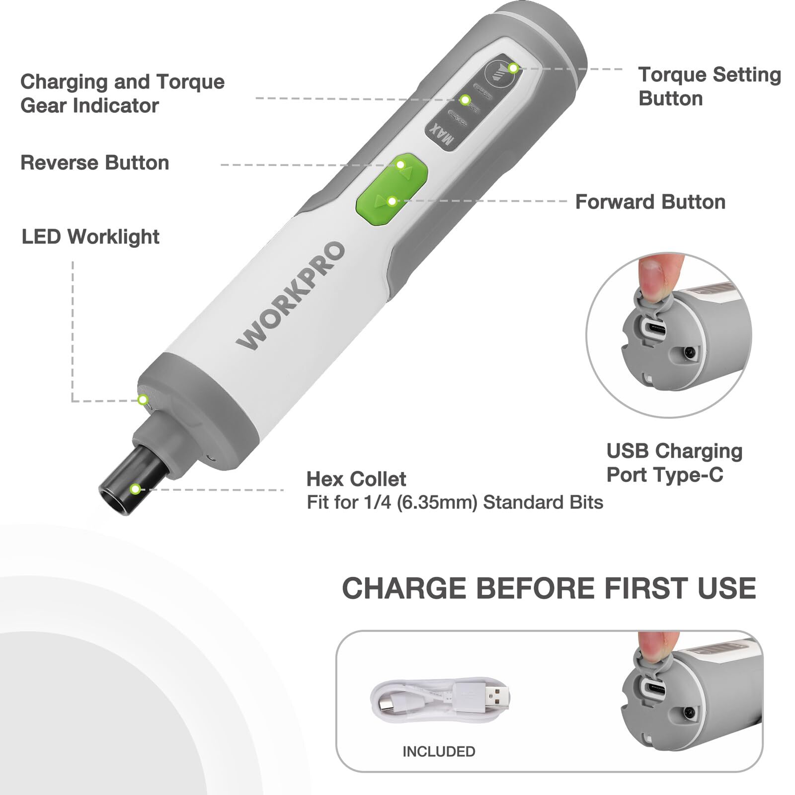 WORKPRO 4V Rechargeable Electric Screwdriver Cordless Screwdriver Set with 35Bit