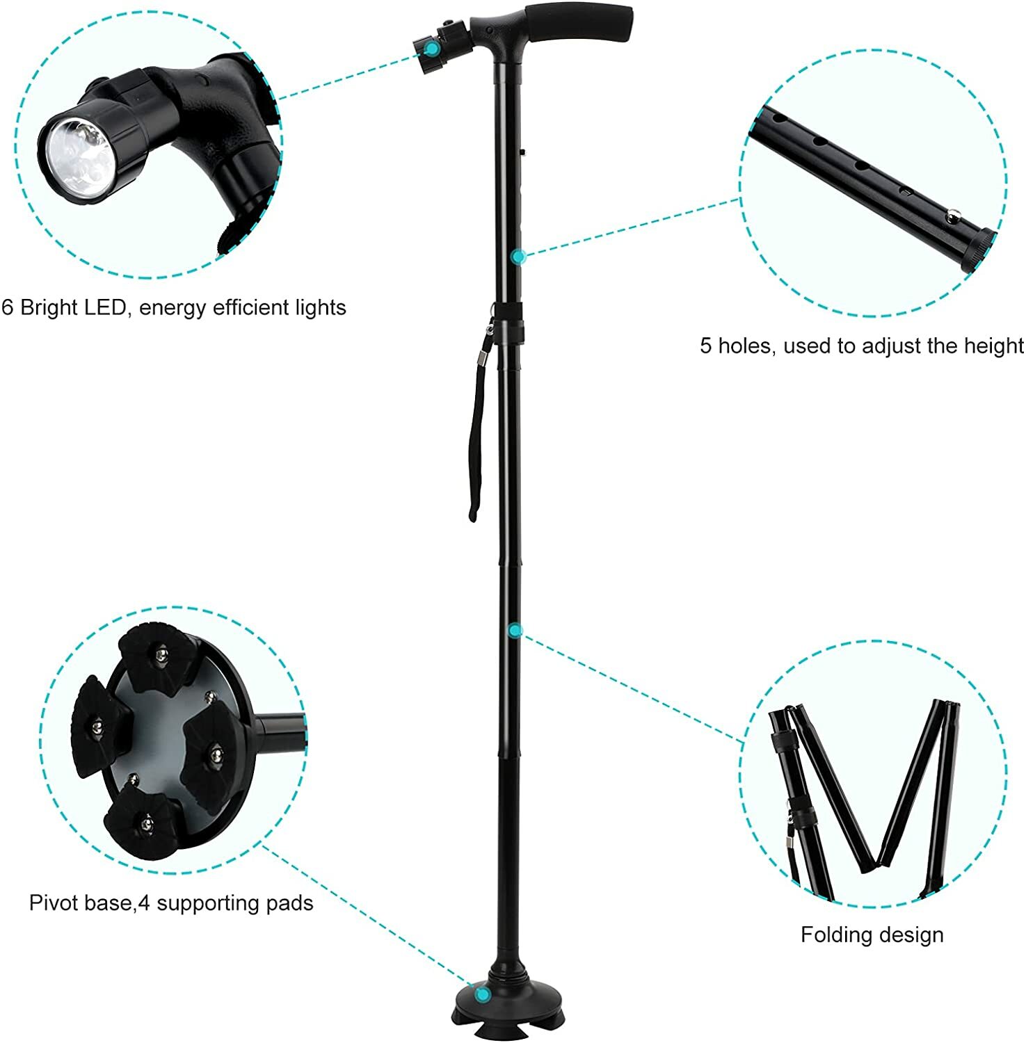 LED Walking Stick Travel Terrain Pivoting Base Elder Adjustable Folding Cane