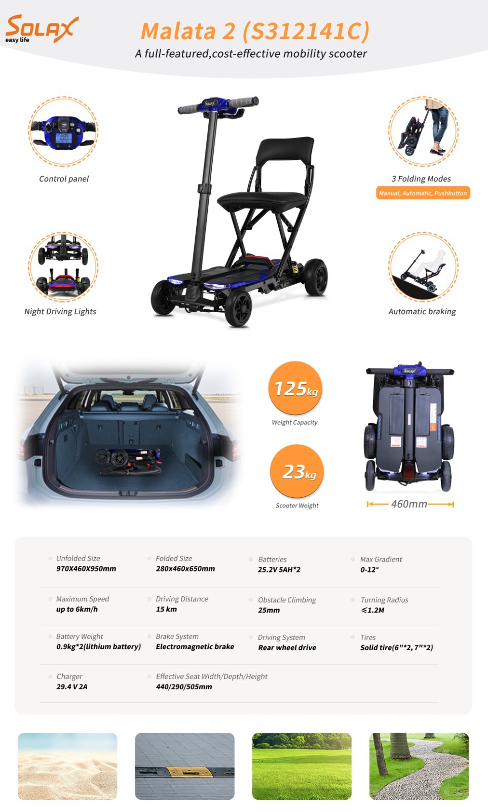 4-Wheel Remote Folding Mobility Scooter NFC USB Suspenion Super lightweight Blue
