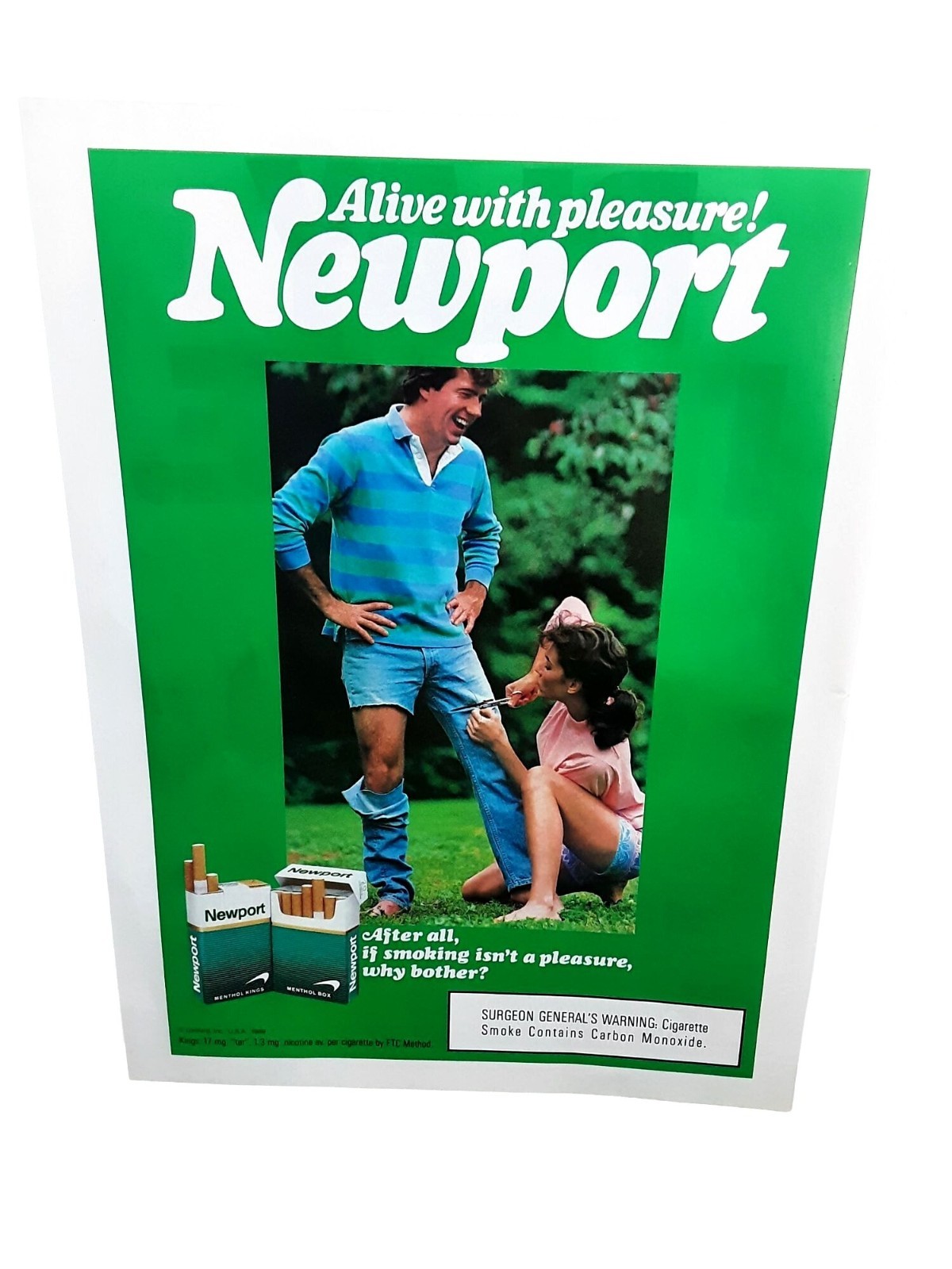 1989 Newport Alive With Pleasure Cigarette Print Ad Woman Cutting Mans Jeans