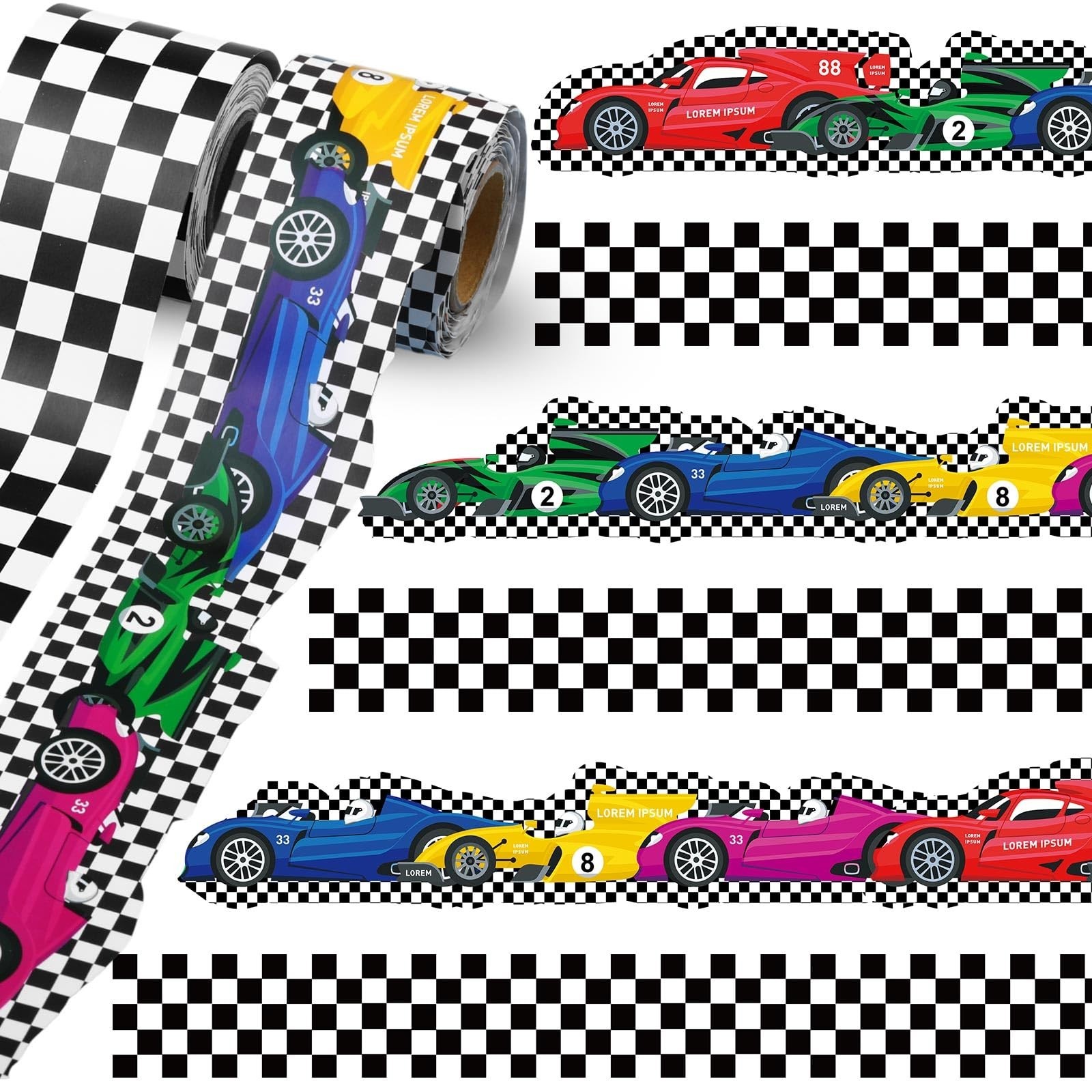 2 Rolls 65.6ft Racing Car Board Borders Decorations Checkerboard Bulletin Boa...