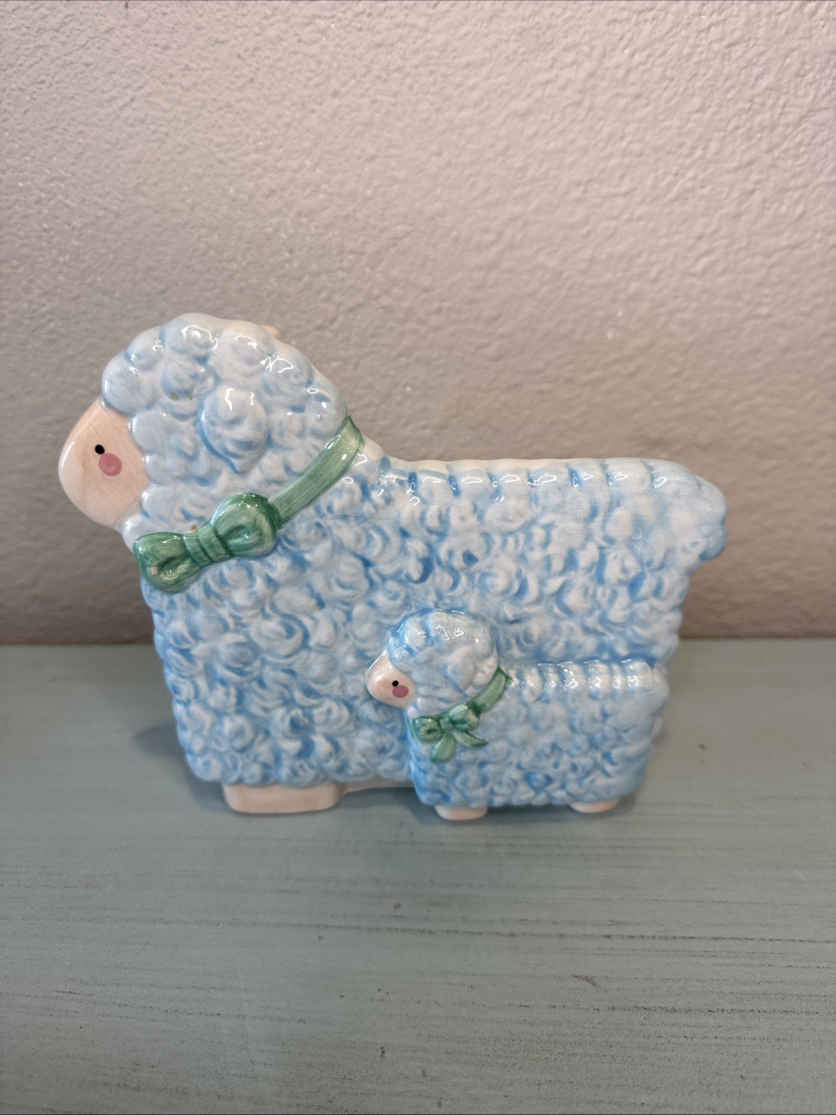 Vintage Napco Lamb Sheep Music Box Planter Blue Baby Boy Nursery "Go to Sleep"
