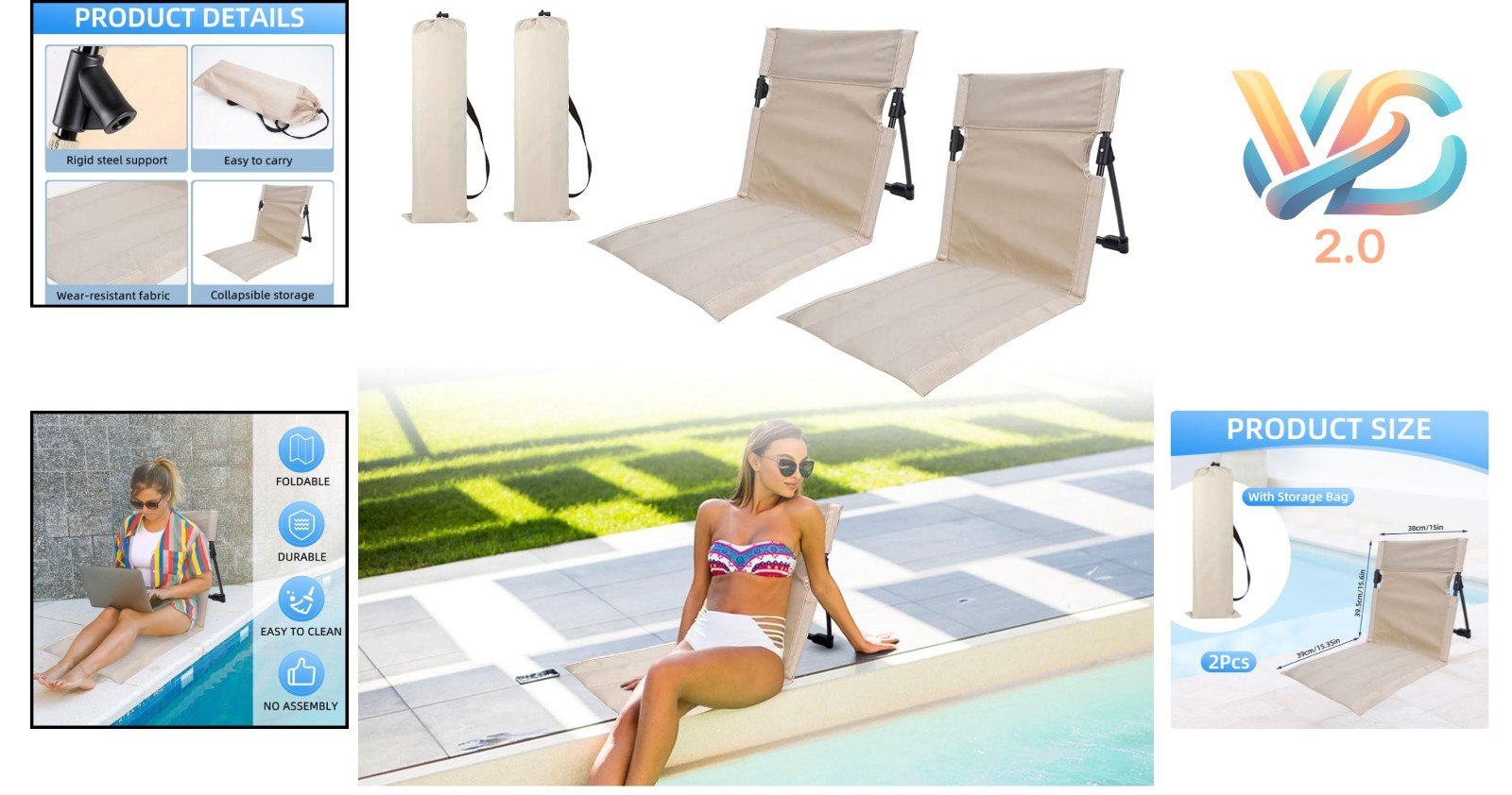 2 Pack Foldable Pool Chairs Portable Beach Lounge Chairs with Carry Bag