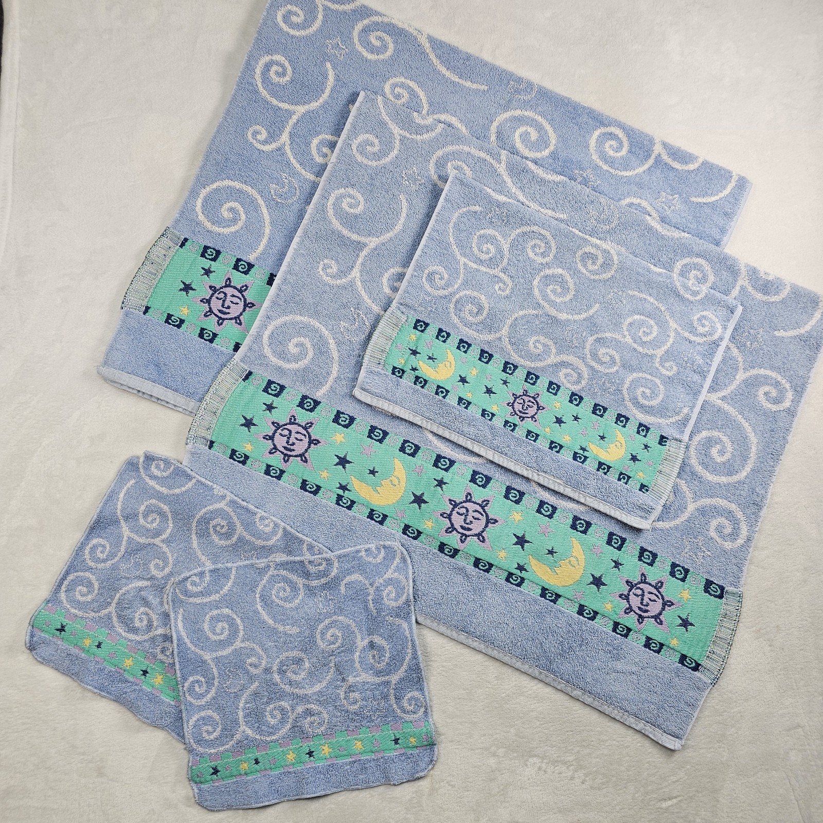 Vtg 90’s x5 Celestial Whimsigoth Towel Set Bath Shower Moon Sun Star Complete