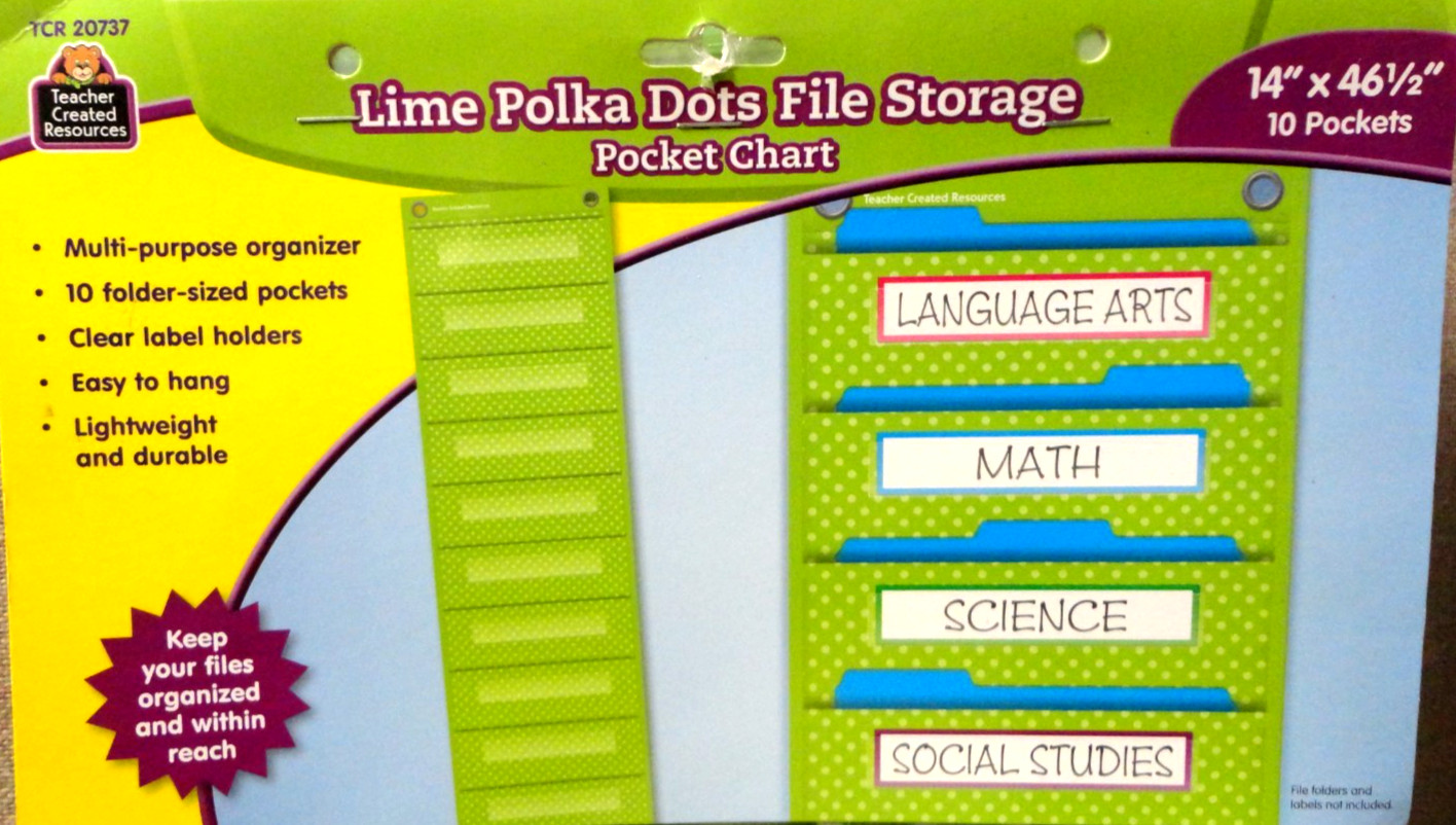 Teacher Created, Lime Polka Dot Pocket Chart, NEW! 10 Pockets 14x 46, TCR 20737