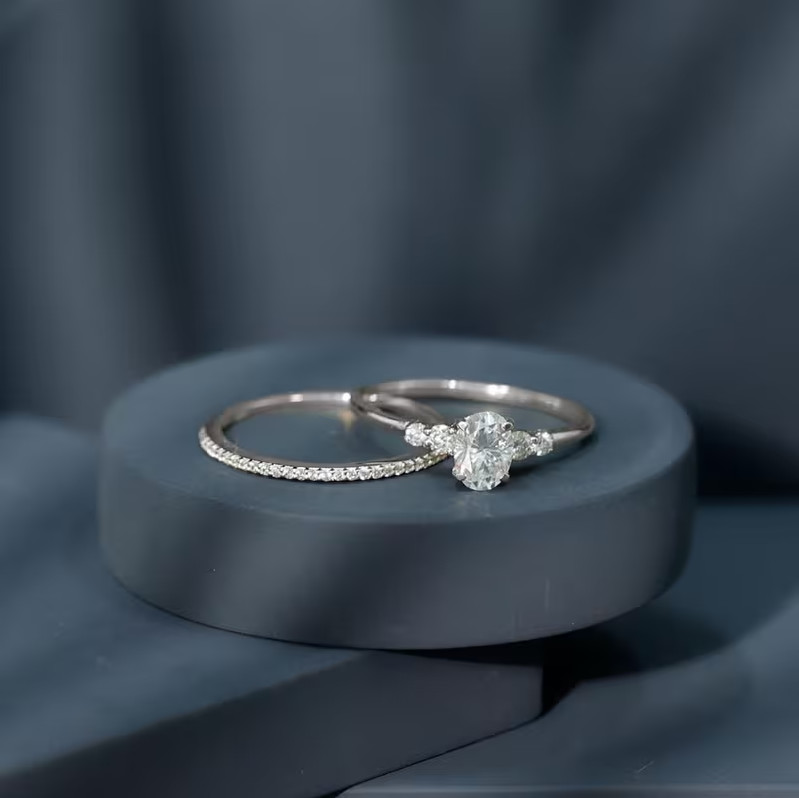 14K White Gold Moissanite Bridal Set Engagement Ring 2 Ct Oval Cut Matching Band