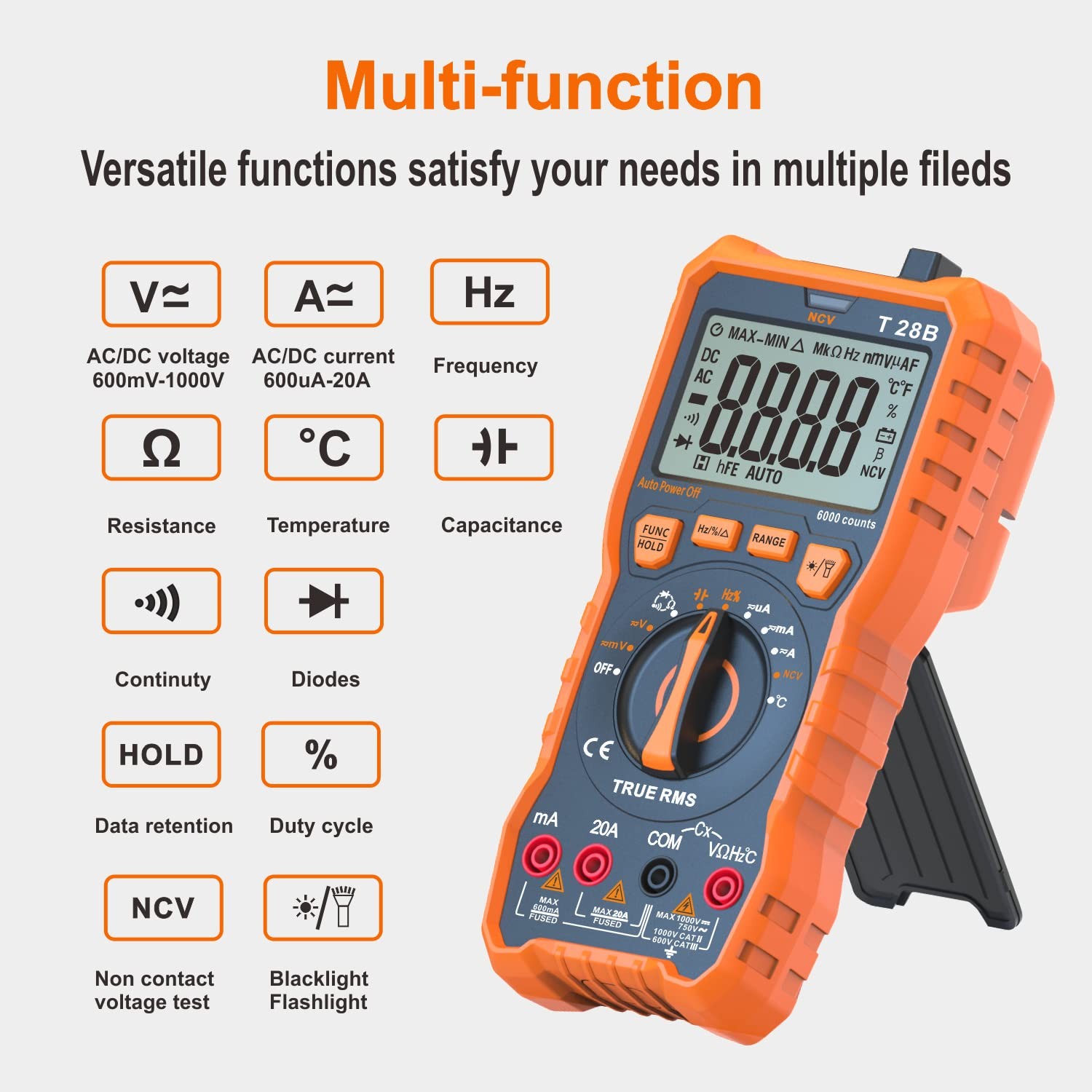 True RMS Digital Multimeter Tester Auto-Ranging AC DC 20A Voltmeter 1000V
