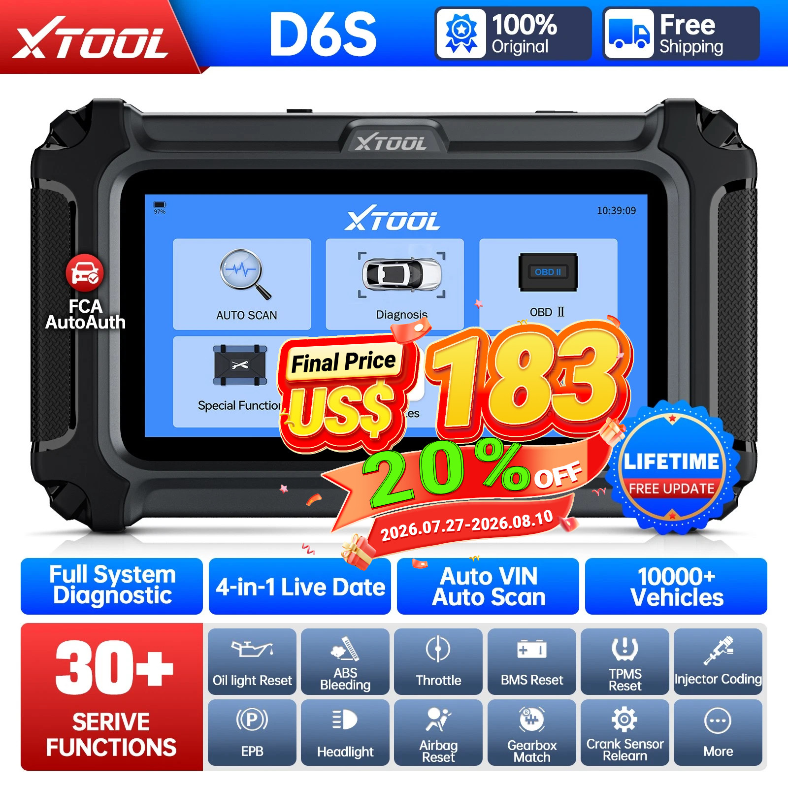 XTOOL D6S Car OBD2 Diagnostic Scanner Tool Full System 30 Resets Lifetime Free