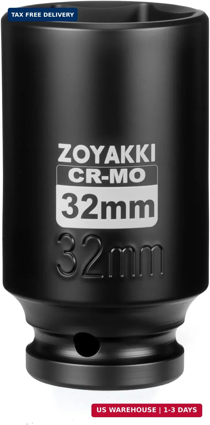 1/2" Drive x 32 mm Deep 6 PT Impact Socket, CR-MO,1/2-inch Drive 6 Point Axle Nu