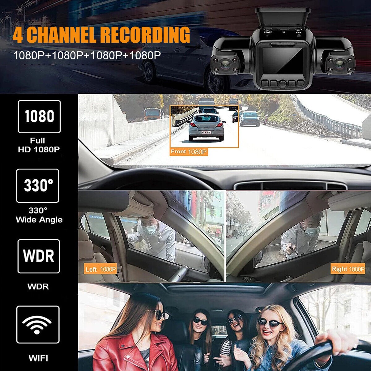 WiFi360° Dash Cam Recorder 4 Channel 1080P Car Camera DVR Vehicle Video G-Sensor