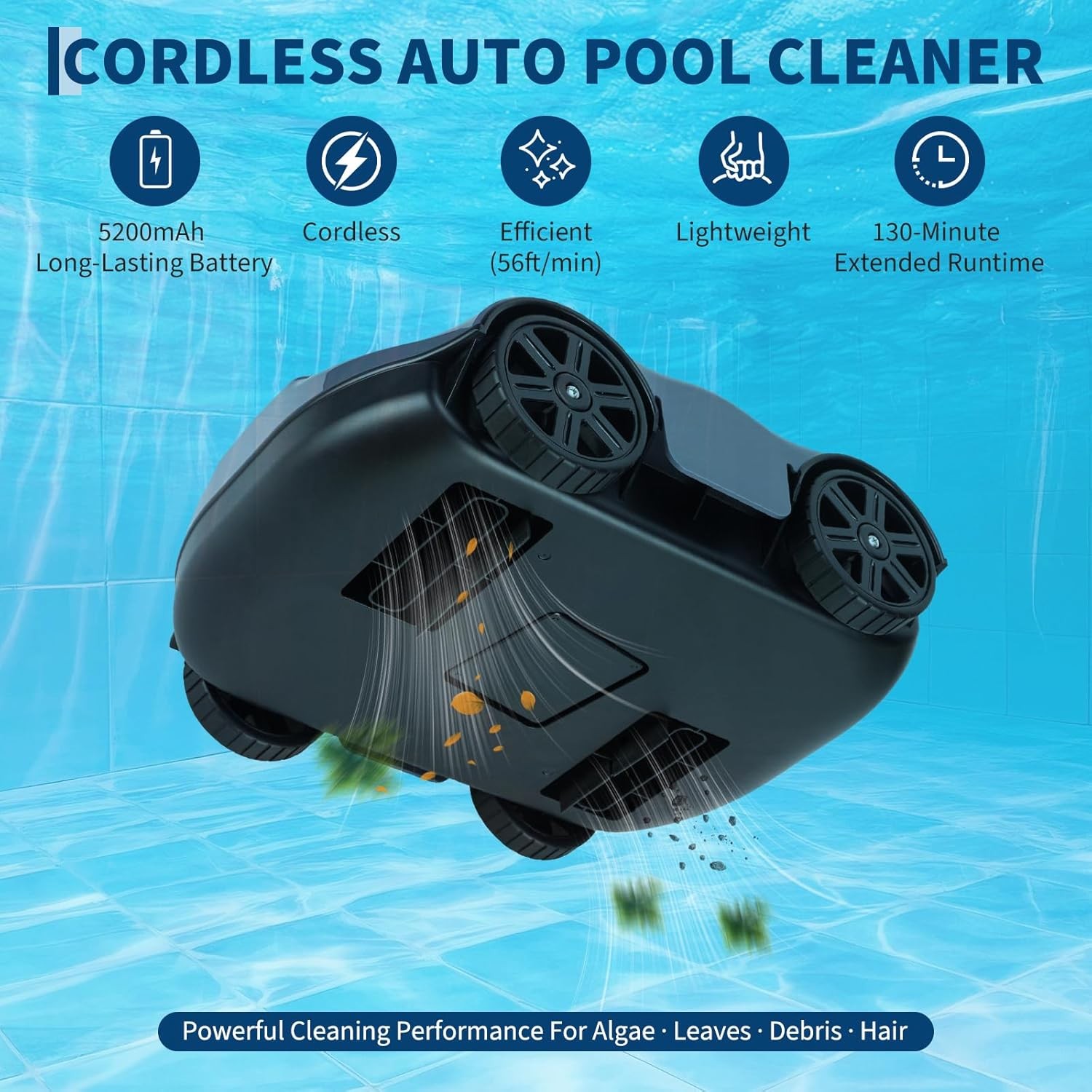 GRAVEE Cordless Robotic Pool Cleaner 130Mins Runtime Vacuum Inground Pools