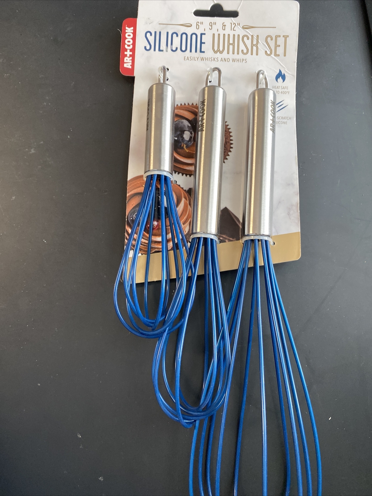 Art & Cook Silicone Whisk Set, 6”, 9” and 12”, 3 Piece Whisk Set, Blue