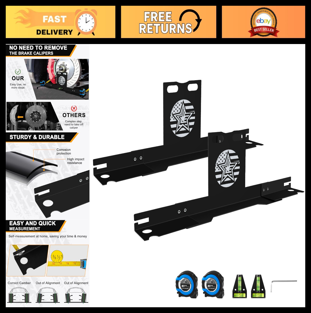 Heavy-Duty Wheel Alignment Tool Kit, Stainless Steel Toe Plates & Tape Measure,