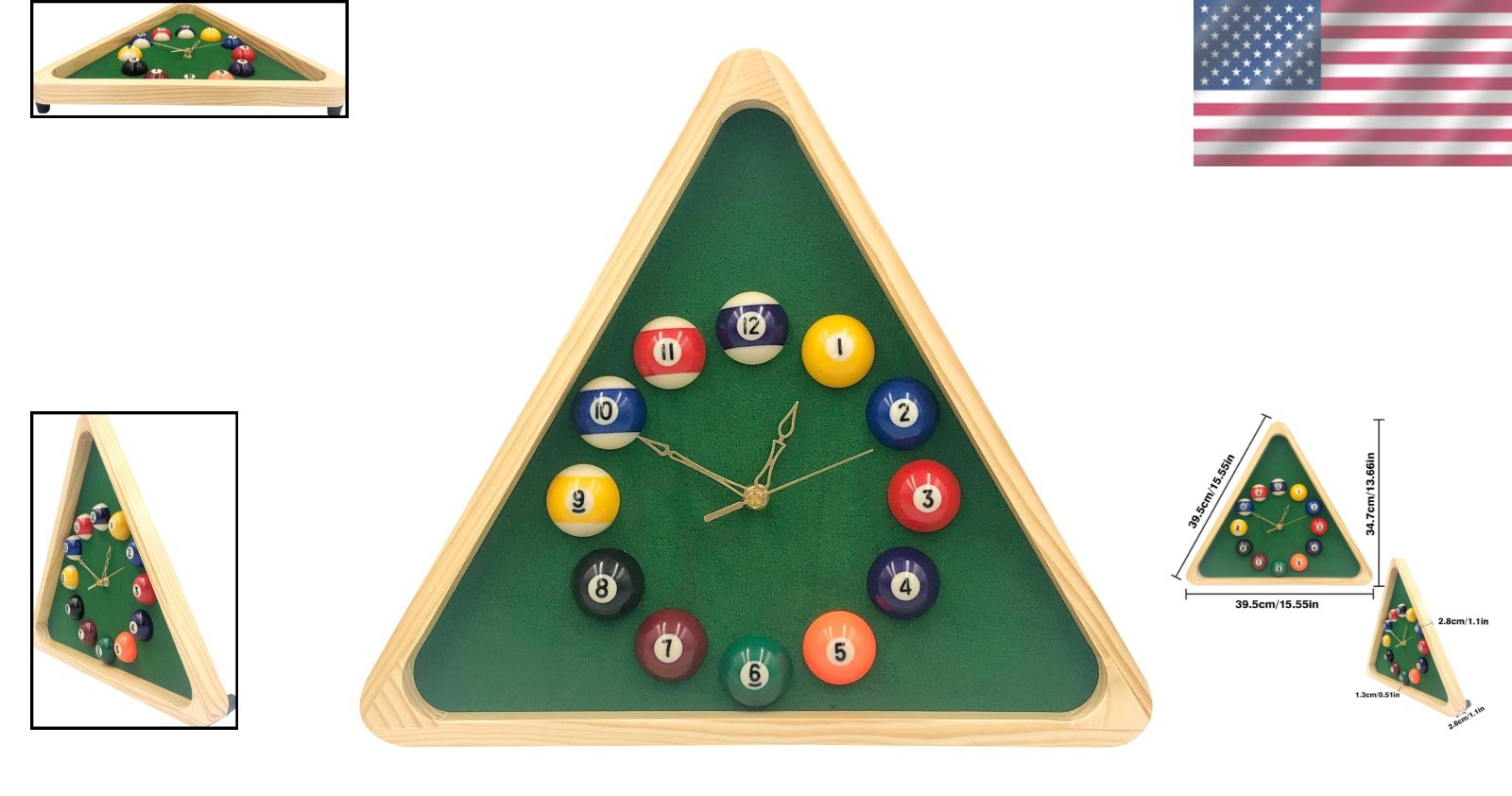 14” Pool Table Wall Clock in Solid Wood - Stylish Billiard Decorative Piece