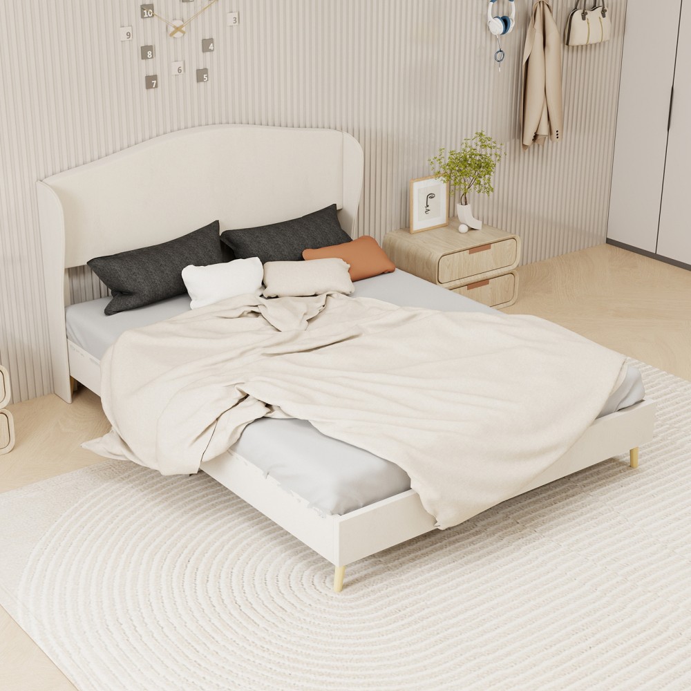 Platform Queen Bed Frame with Velvet Tufted Headboard, Supportive, Beige