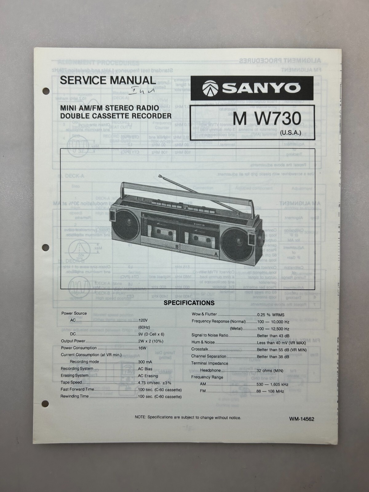Sanyo M W730 Original Service Manual Free Shipping