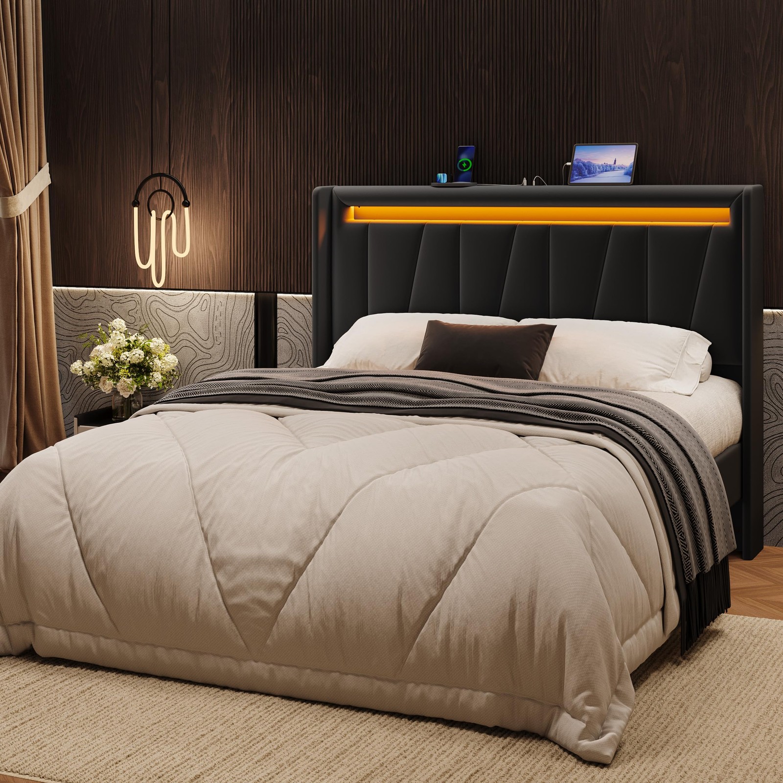 Full Size Bed Frame with Charging Station and LED Lights, Modern Velvet Platf...