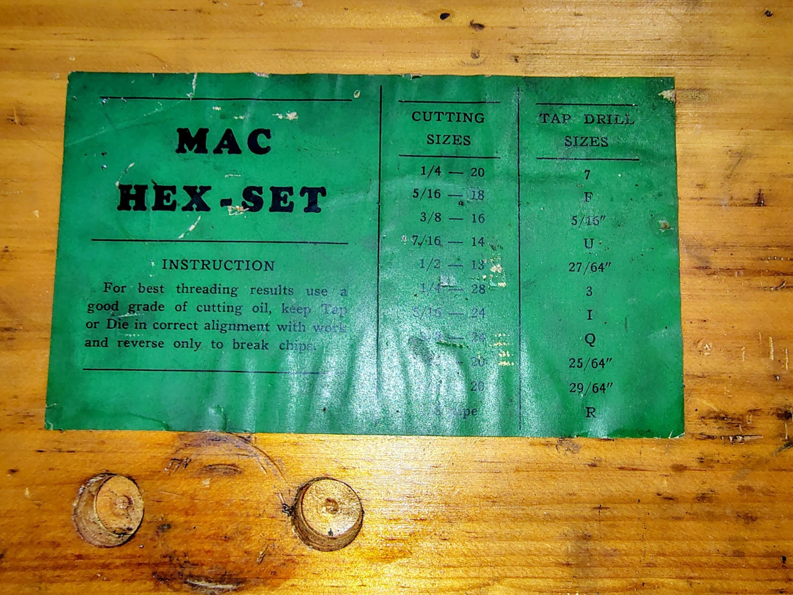 MAC Tools Tap & Die Set Hex Set Vintage Wooden Case Tools