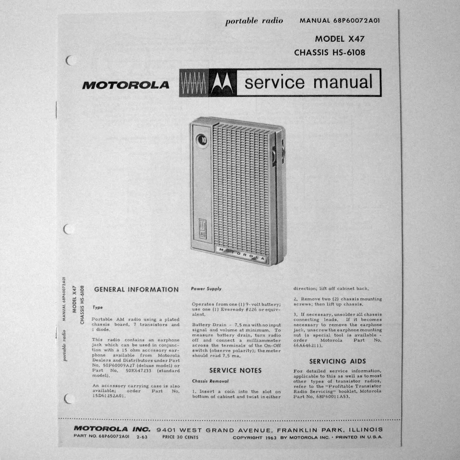 Motorola ® Model X47 Portable Transistor Radio Service Manual © 1963