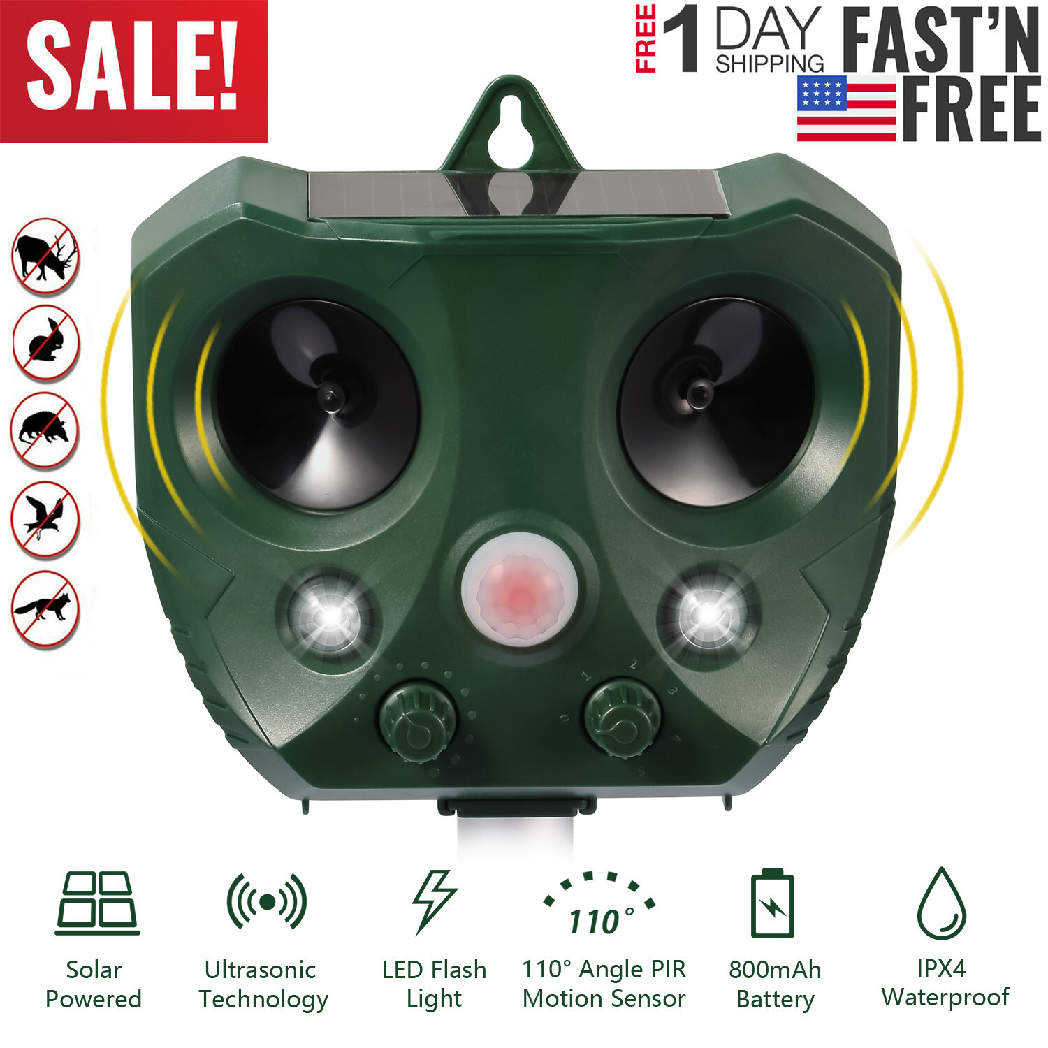 Upgraded Solar Ultrasonic Animal Repellent Dog Cat Skunk Deer Raccoon For Garden