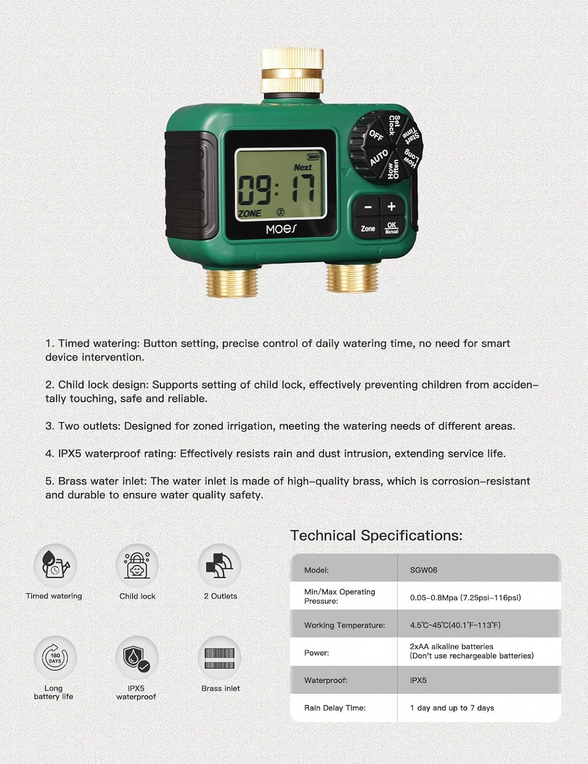2 Zone Sprinkler Timer for Garden Hose,Brass Inlet &Outlet Water Timer | Program