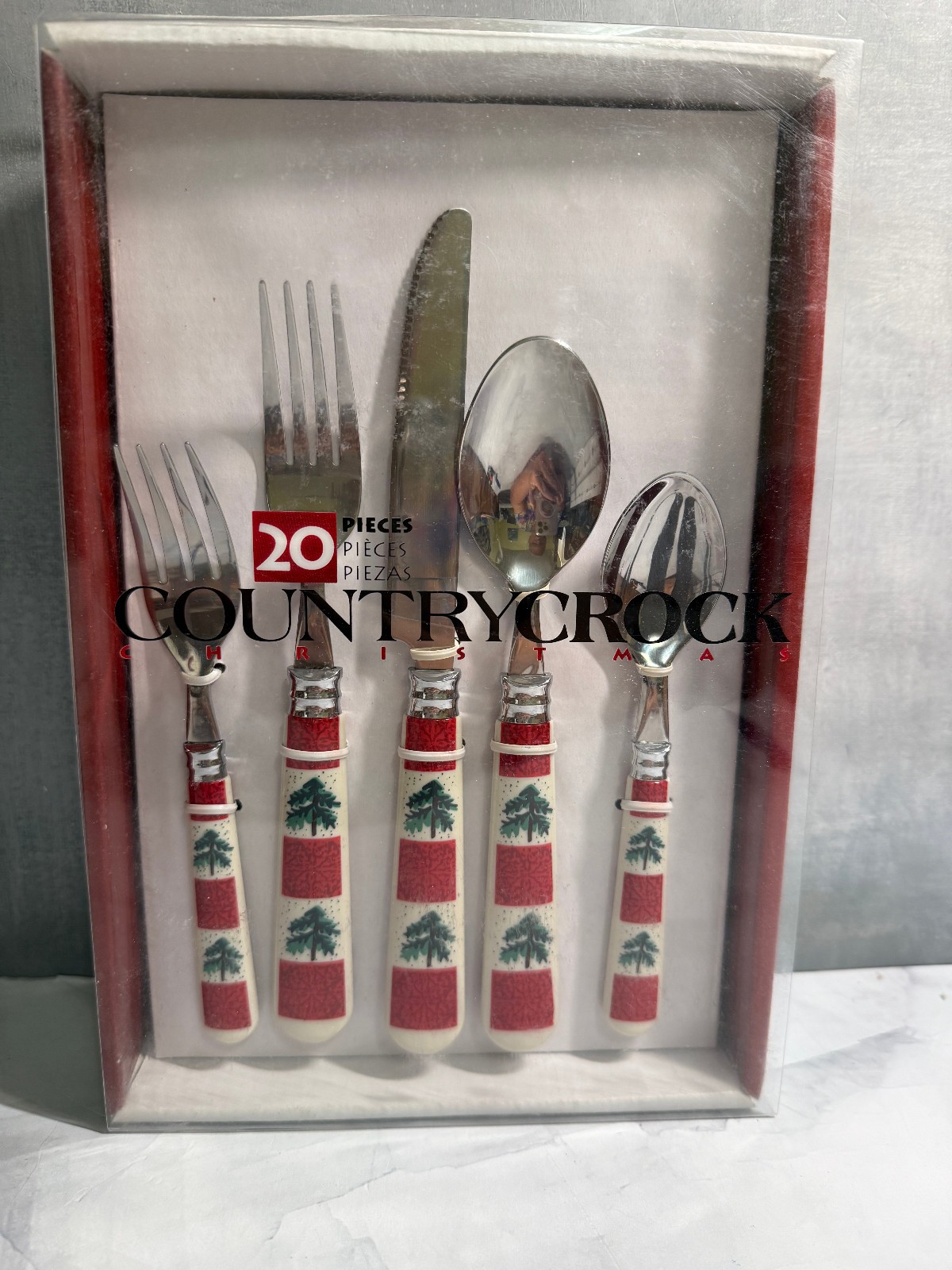 CountryCrock 20 Piece Holiday Green Trees Themed Flatware NIB #3231 Tienshaw