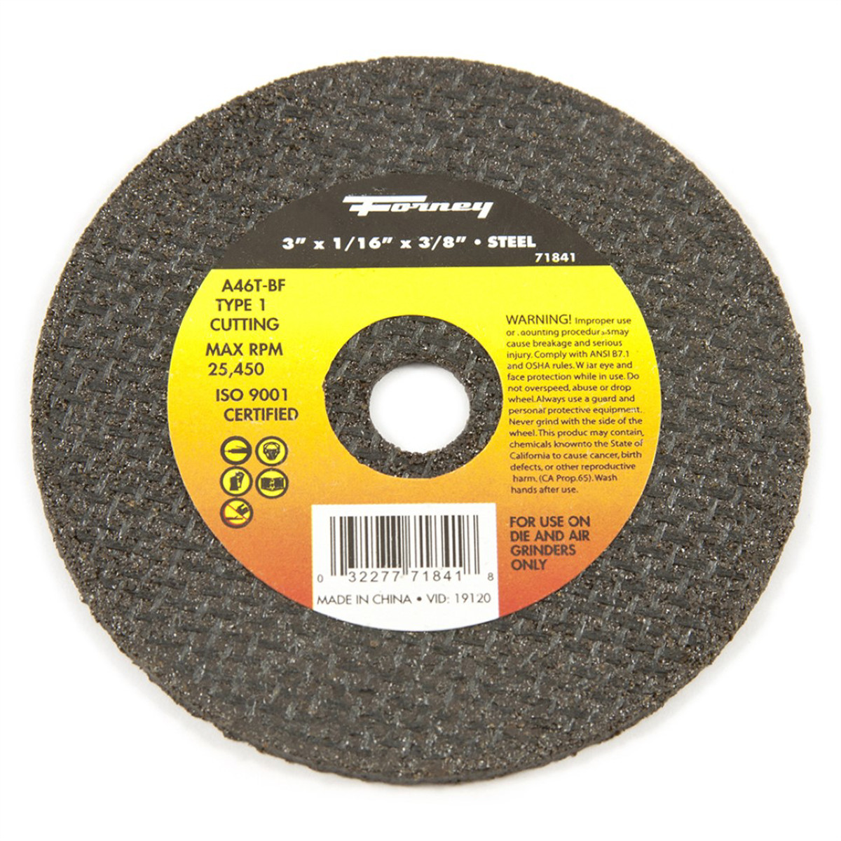 Forney Industries Cut-Off Wheel, Metal, Type 1, 3 in x 1/16 in x 3/8 in