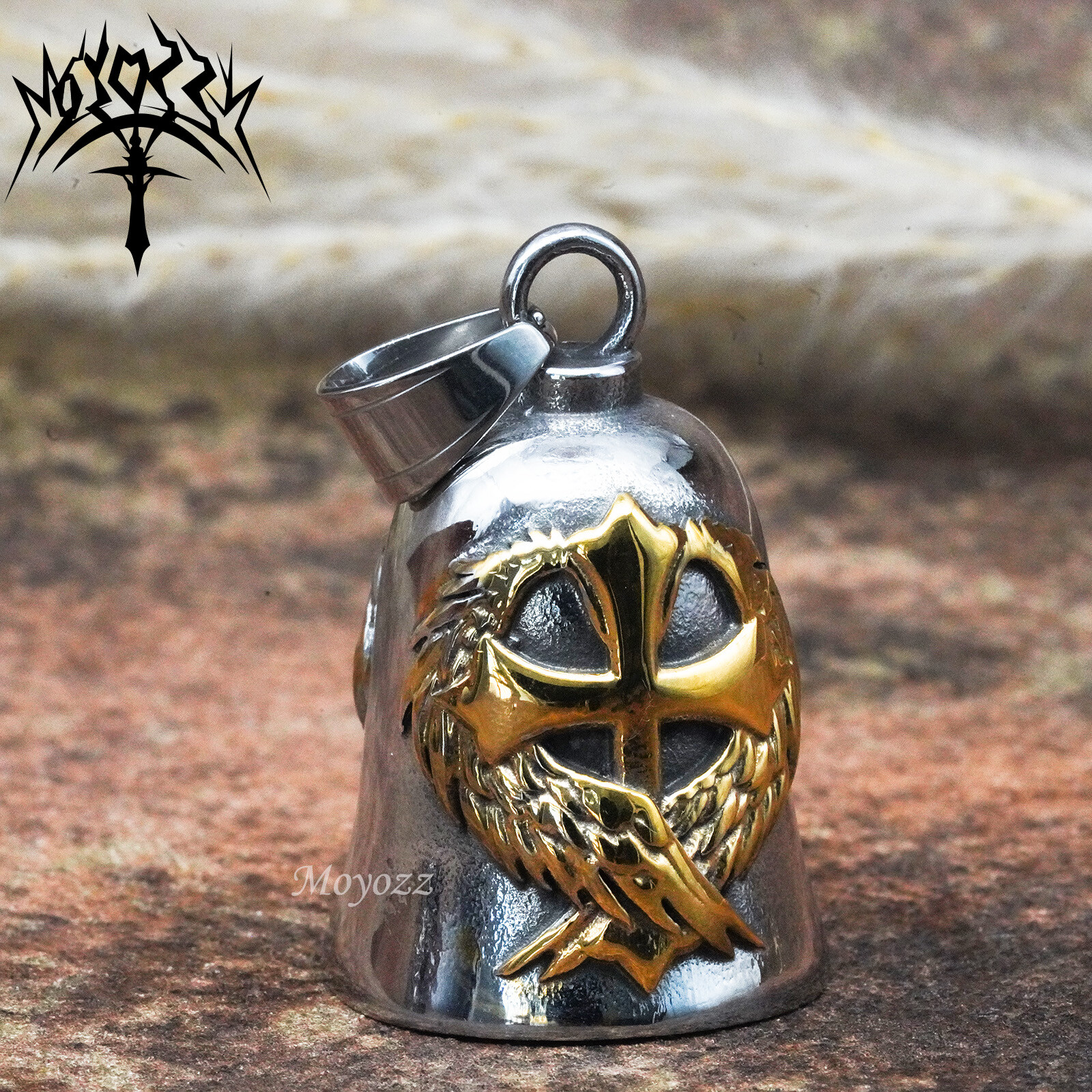 Vintage Cross Wings Angel Guardian Bell Motorcycle Biker Luck Gremlin Ride Mens