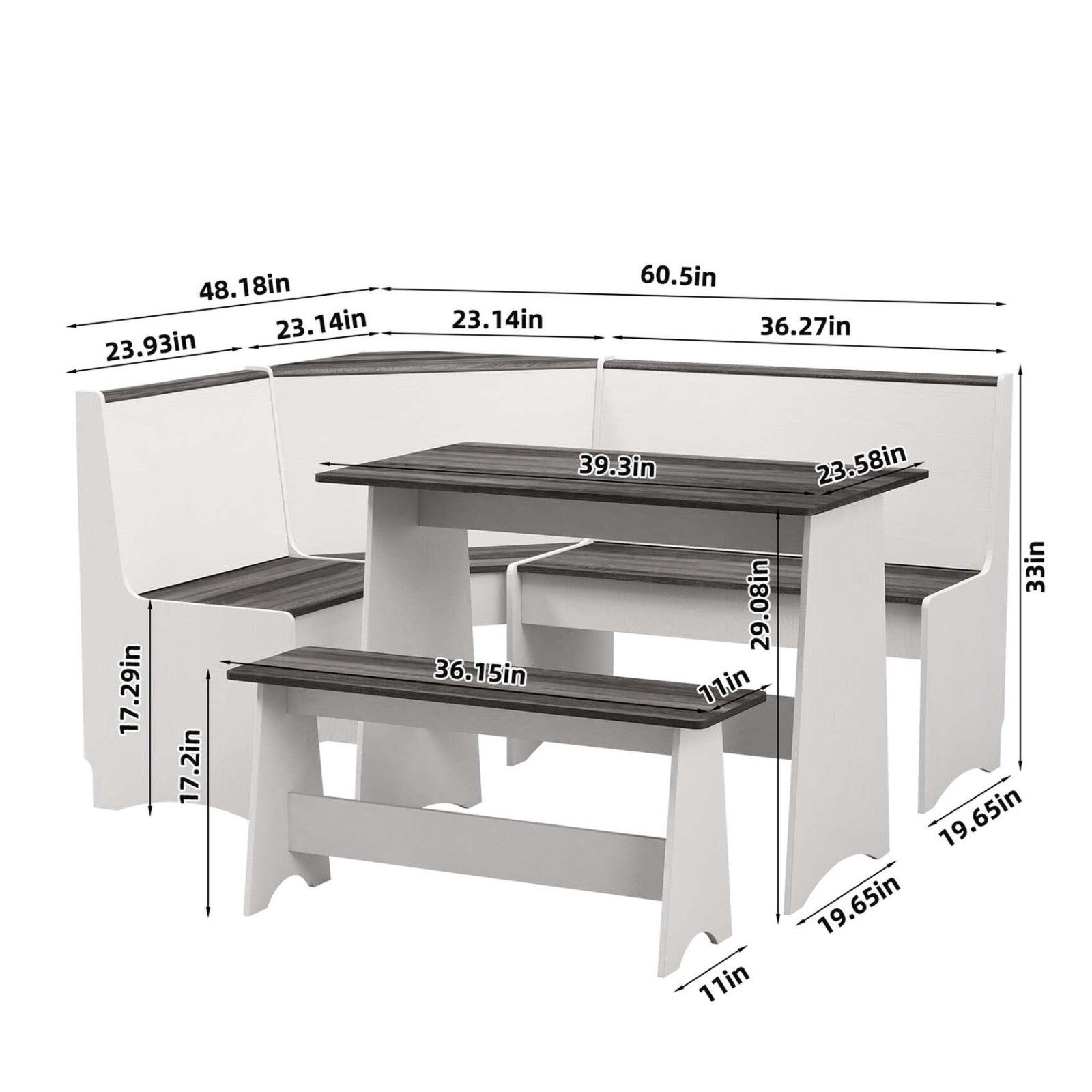 Kitchen Nook Breakfast Dining Table Bench Reversible Corner Unit White & Gray