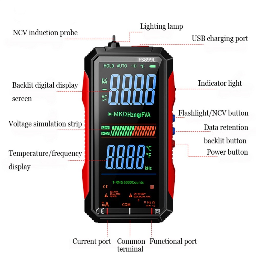 Digital Multimeter, FS899L Multimeter, USB Rechargeable Digital Multimeter