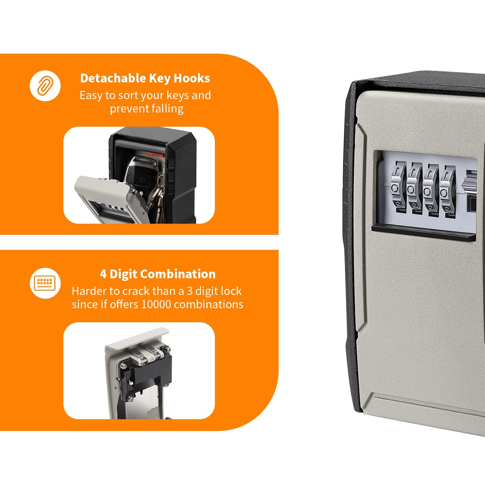 UPGRADE Extra Large Capacity Key Lock Box, Weatherproof Wall Mount Grey