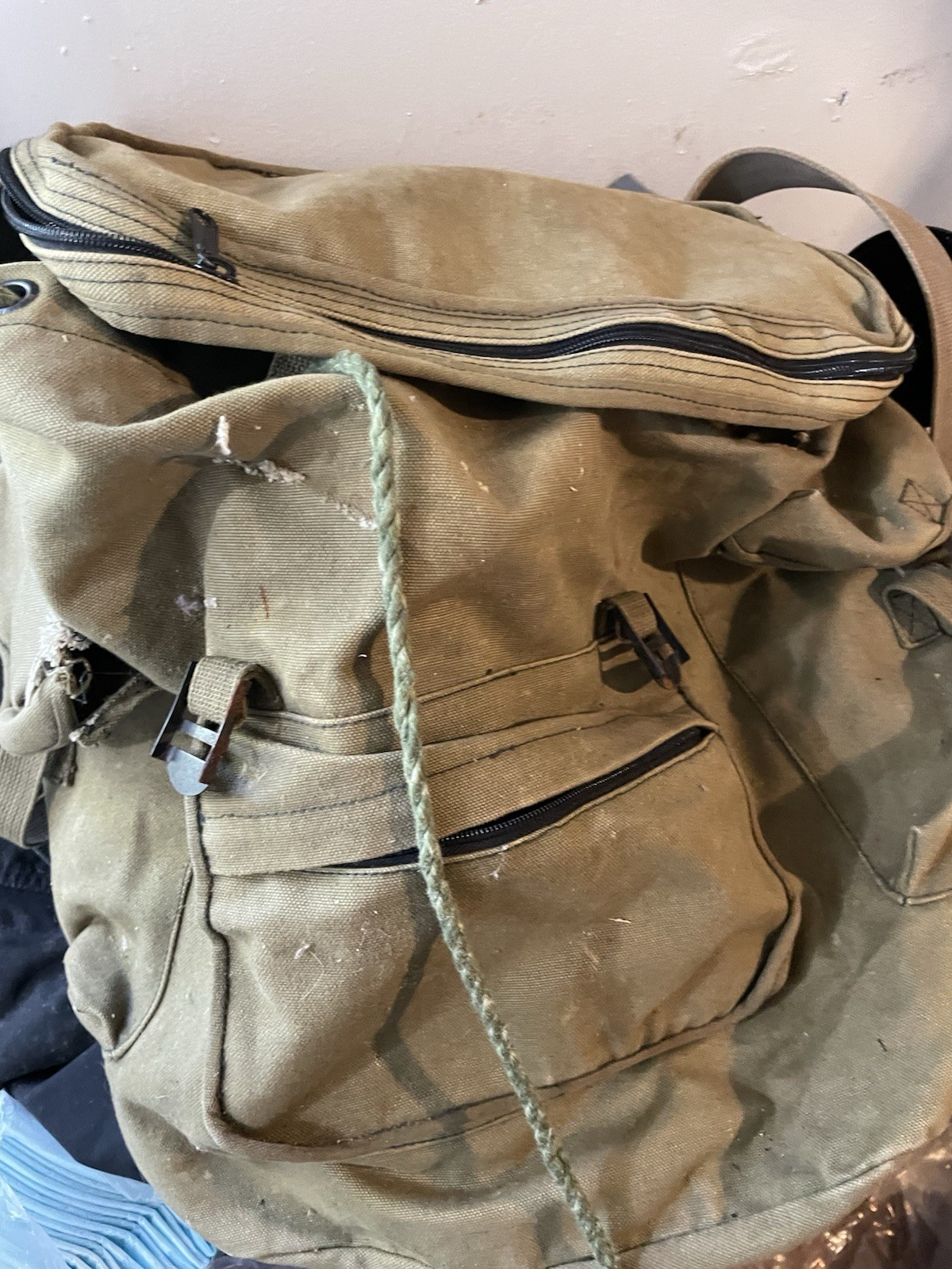 vintage Olive Green Military Surplus Canvas Field Bag with Zippered Pockets
