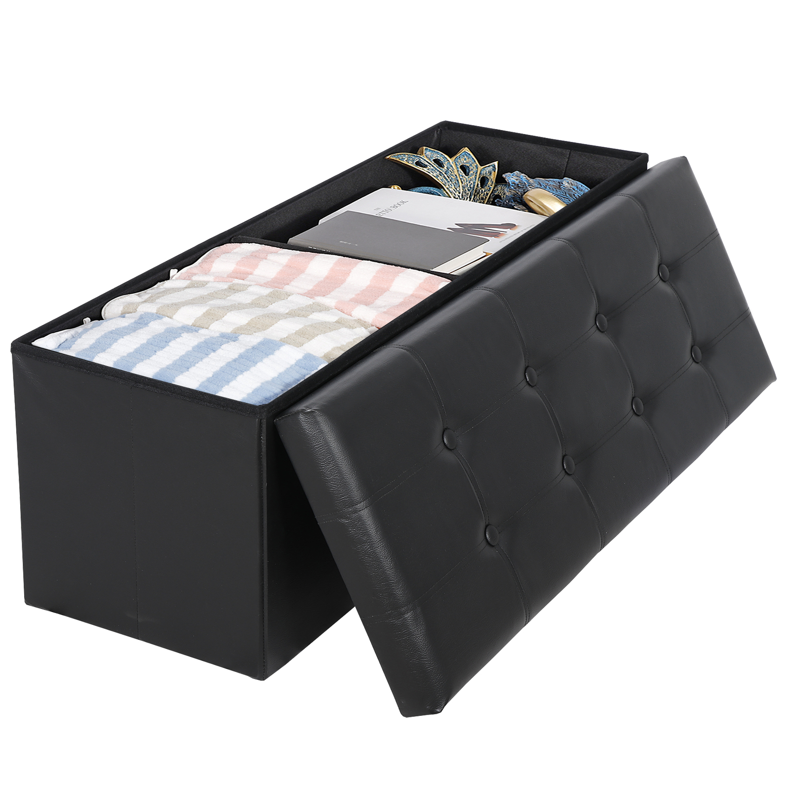 43'' Storage Ottoman Bench PVC Leather Foldable Footrest Stool w/ Divider Black