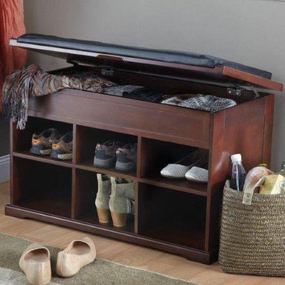 Mahogany Finish Wooden Shoe Storage Bench with Cushion Entryway Organizer Seat