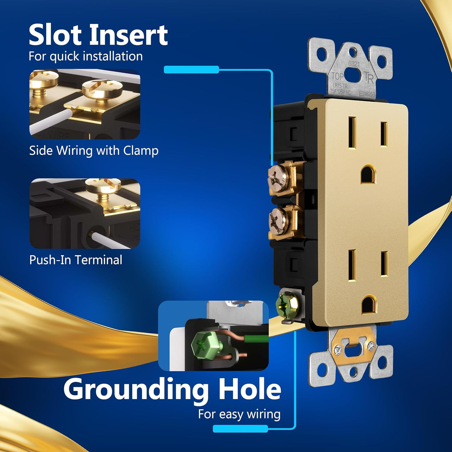 LIDER Matte Finish Decorator Receptacle with Interchangeable Face Cover 15A Gold
