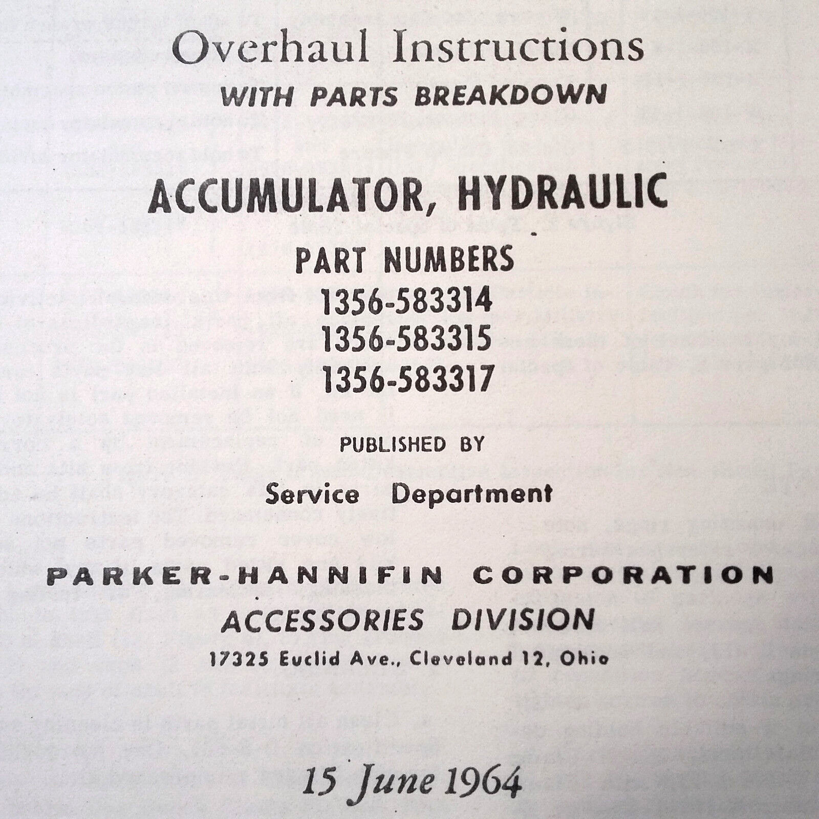 Parker Hannifin Accumulator 1356-583314, 1356-583315, 1356-583317 OHC Manual