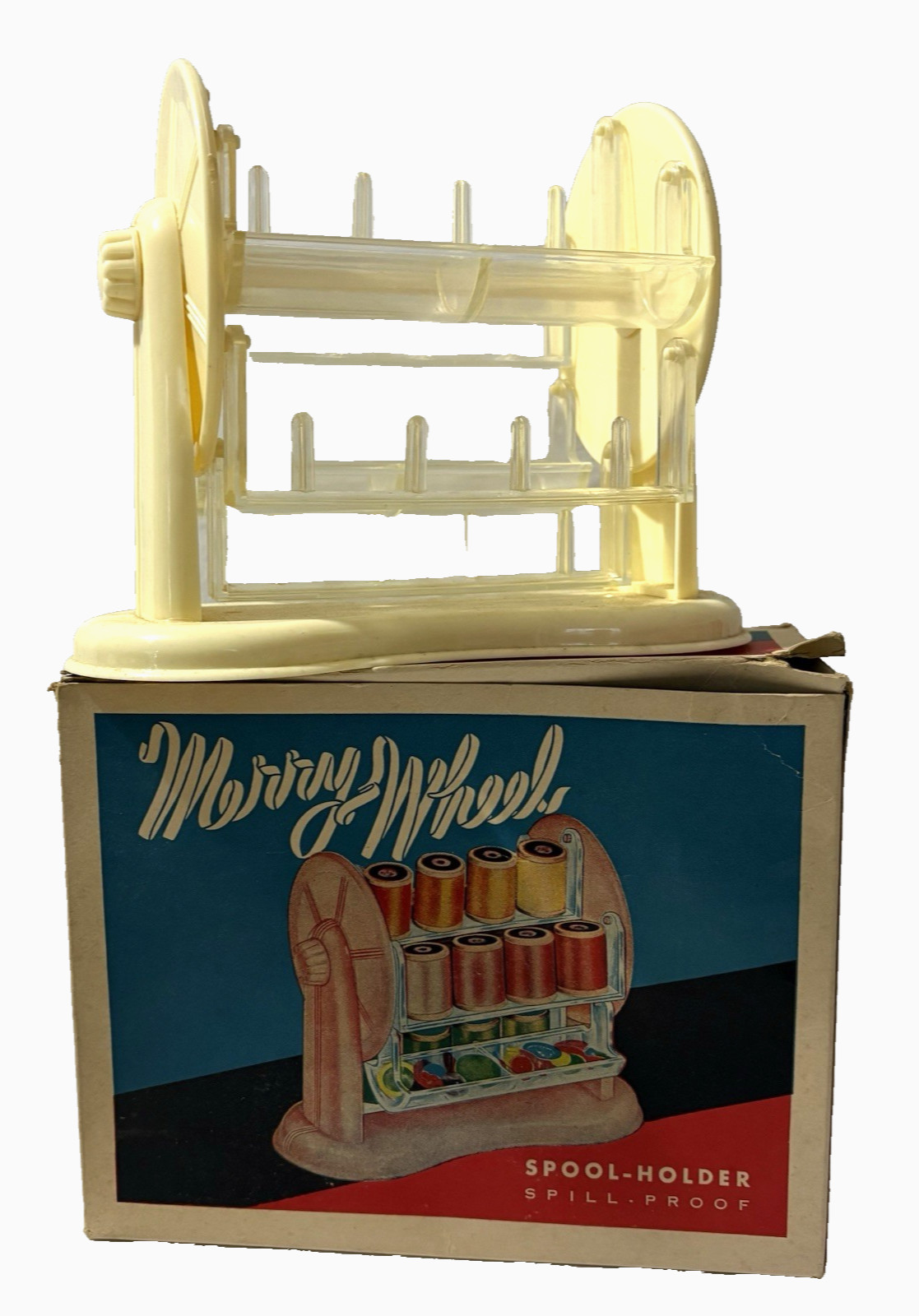 Vtg Merry Wheel Celluloid Carousel Sewing Thread Spool Holder with Original Box
