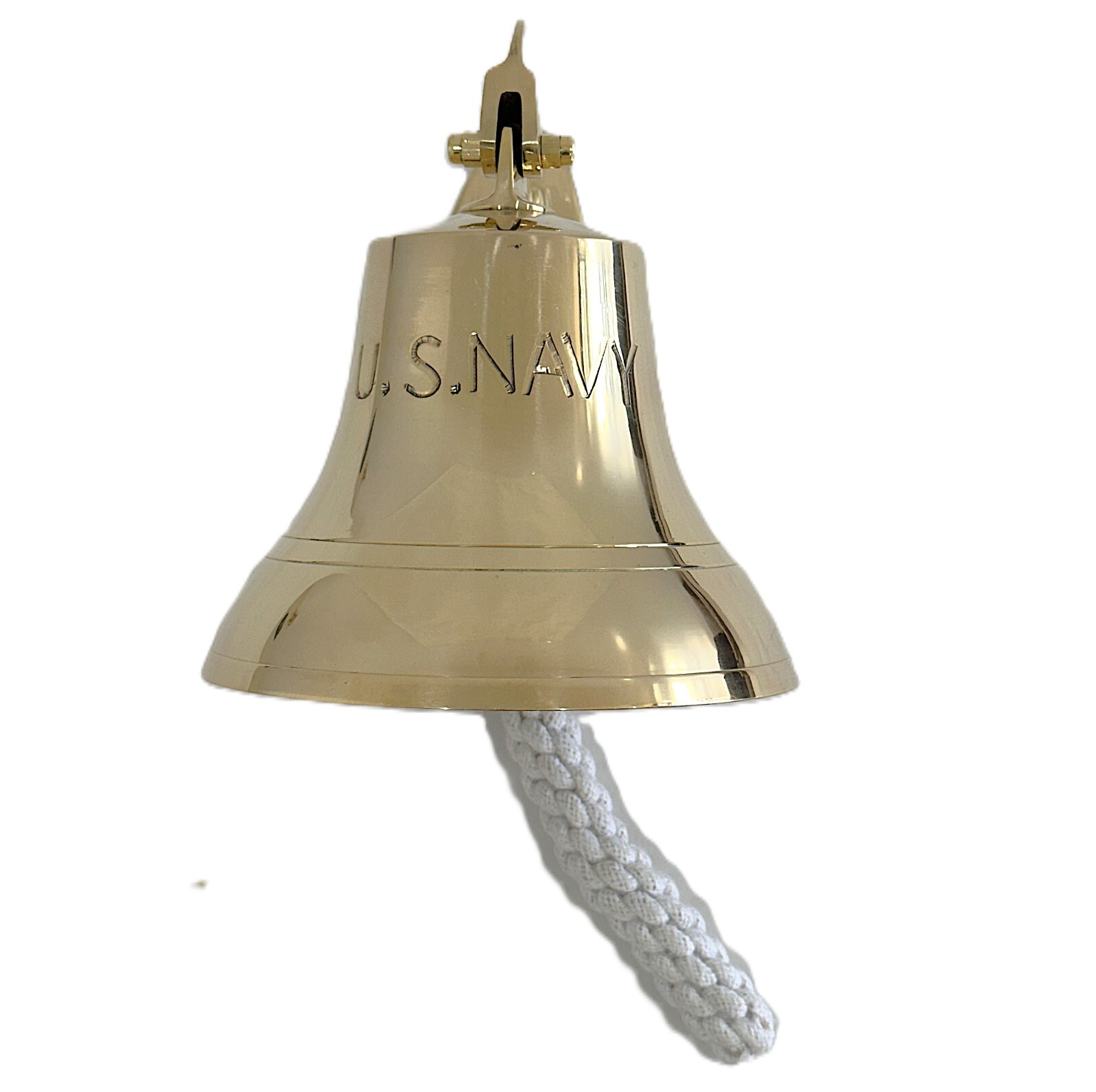 8" Brass US Navy Bell Solid Brass Bell with Knotted Lanyard Ship Nautical Bell