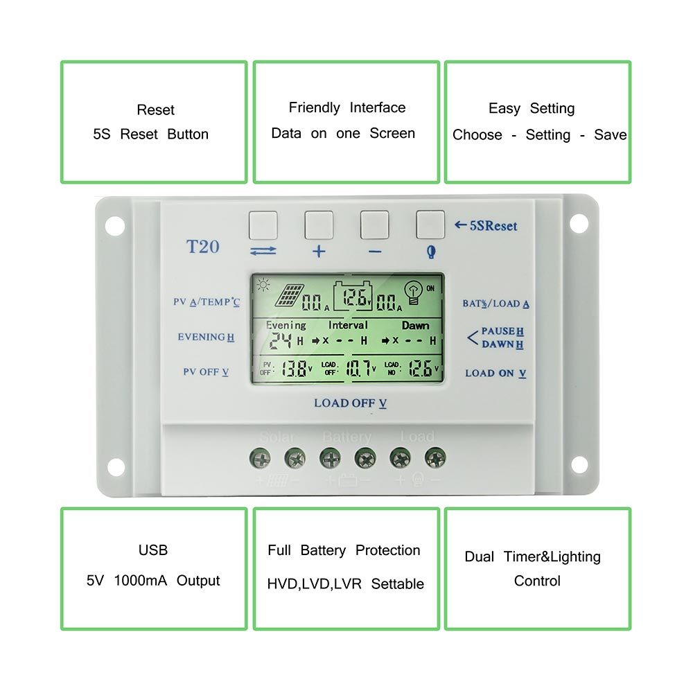 MPPT Solar Panel Regulator LCD 20A-80A 12V/24V Charge Controller 3 Timer LCD USB